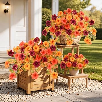 2Pcs Artificial Fall Flowers for Outdoors Fake Fall Petunias for Decoration