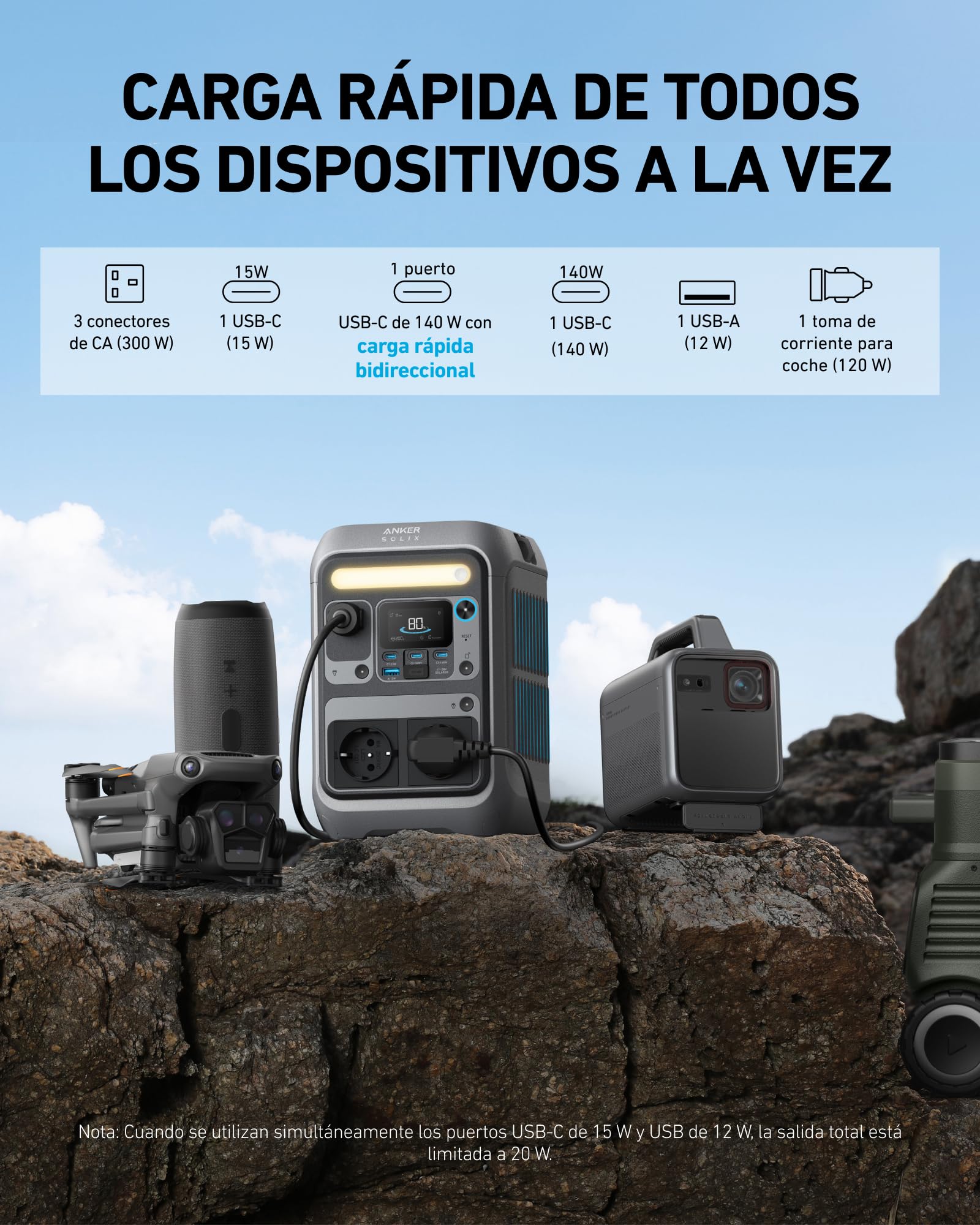 Anker SOLIX C300 Portable Power Station, batería LiFePO4 de 288 Wh, generador solar de 300 W (sobrecarga de 600 W), carga rápida de 140 W, acampar, viajar y emergencias (panel solar opcional)