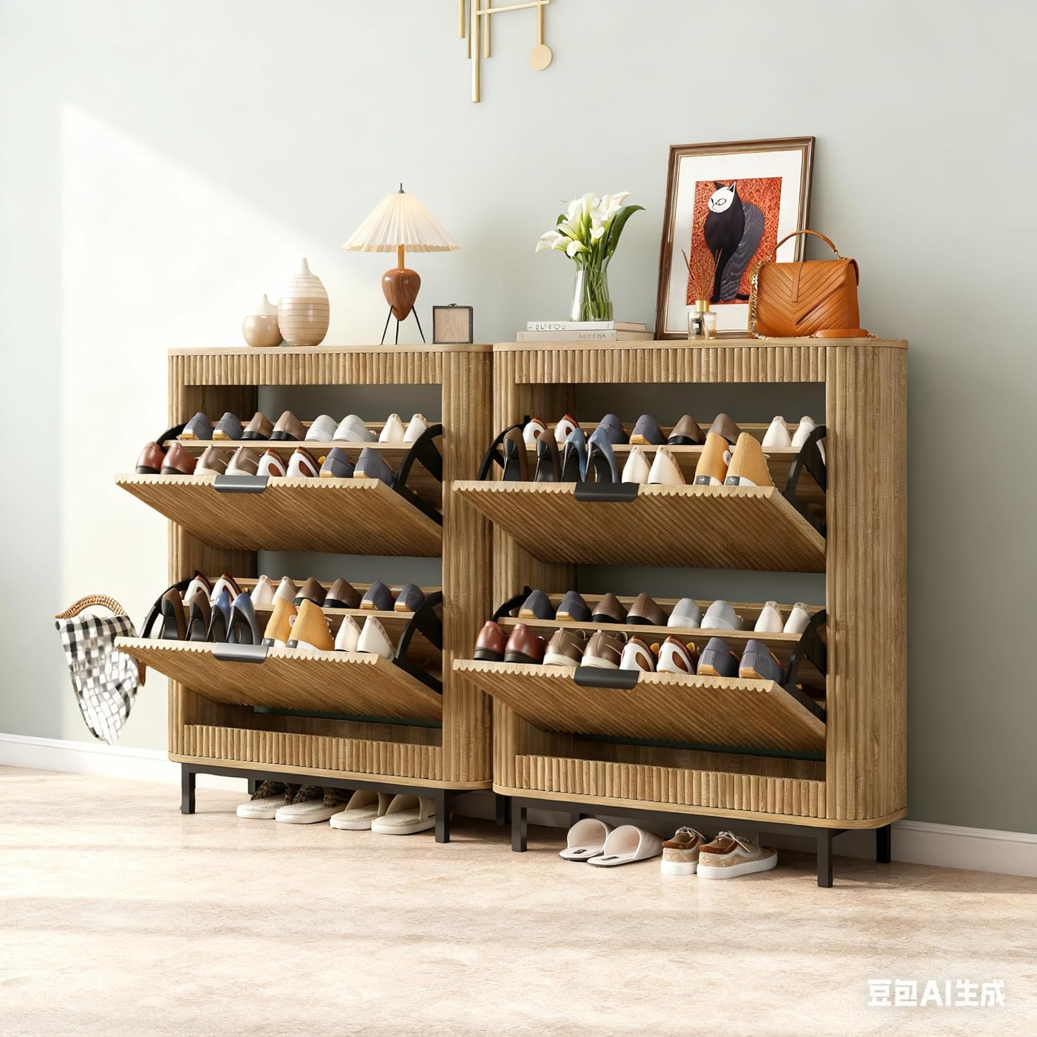 37.68" H Fluted Shoe Cabinet, Freestanding Hidden Organizer with 2 Flip Drawers & Open Storage, Modern Curved Shoe Storage Cabinet, Wooden Shoe Rack for Entryway, Hallway, Foyer, Natural-1