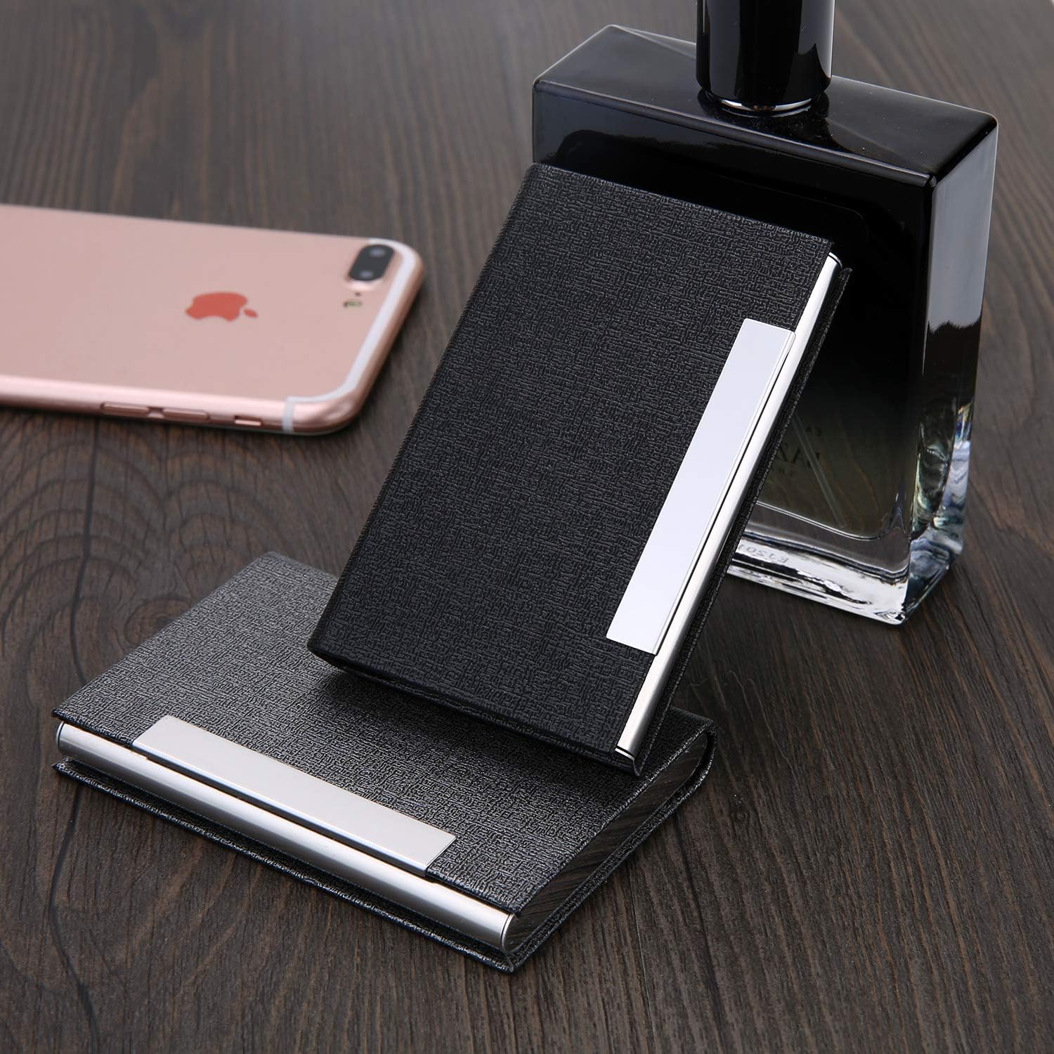 Business Card Holder Business Card Case - JuneLsy 2 Pack Black Luxury PU Leather and Stainless Steel Metal Card Holder for Men and Women with Magnetic Shut Keep Business Cards Clean(2 Pack Black)