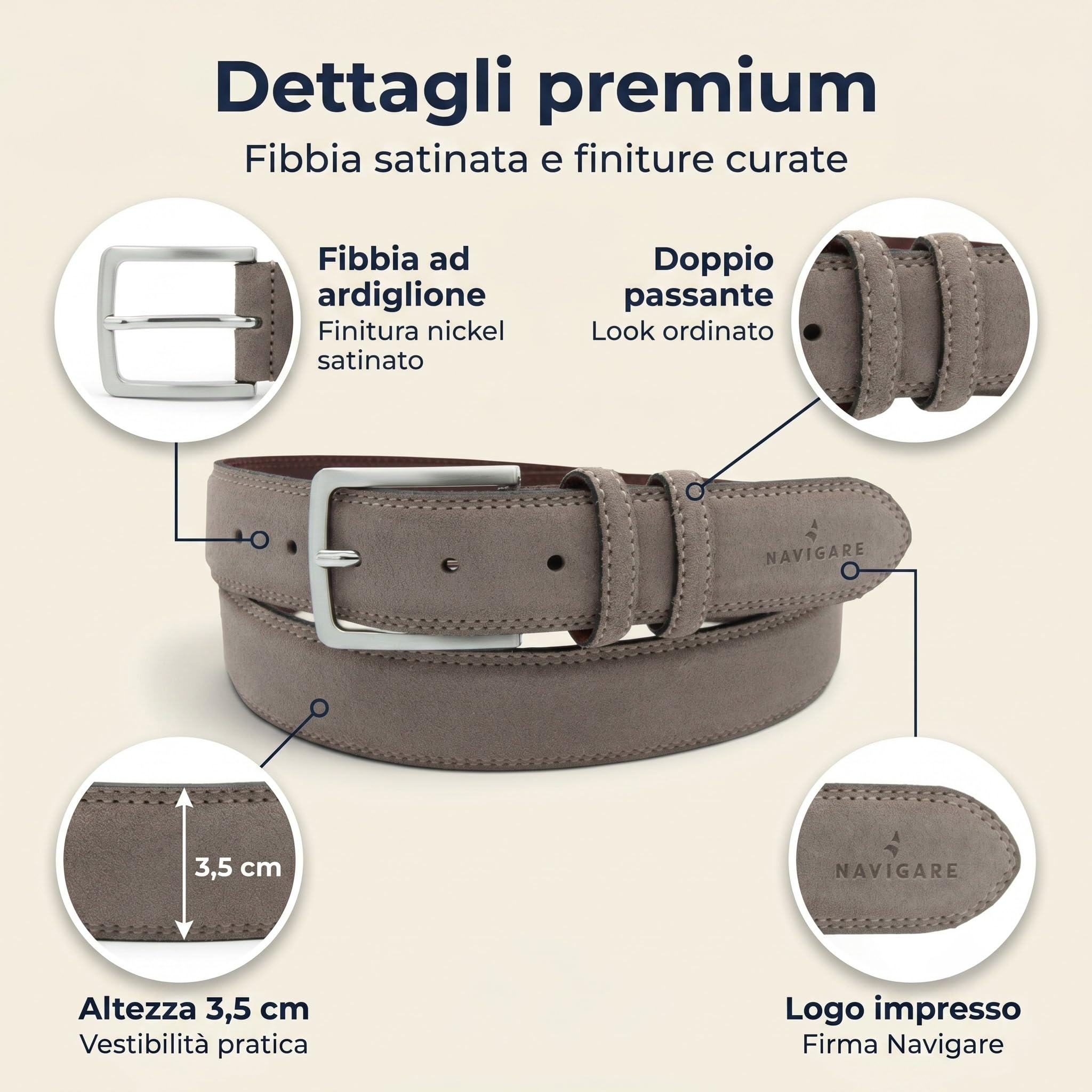 Navigare Eleganter Herrengürtel aus Wildleder, hergestellt in Italien, echtes Leder mit satinierter Dornschnalle, verstellbar und kürzbar