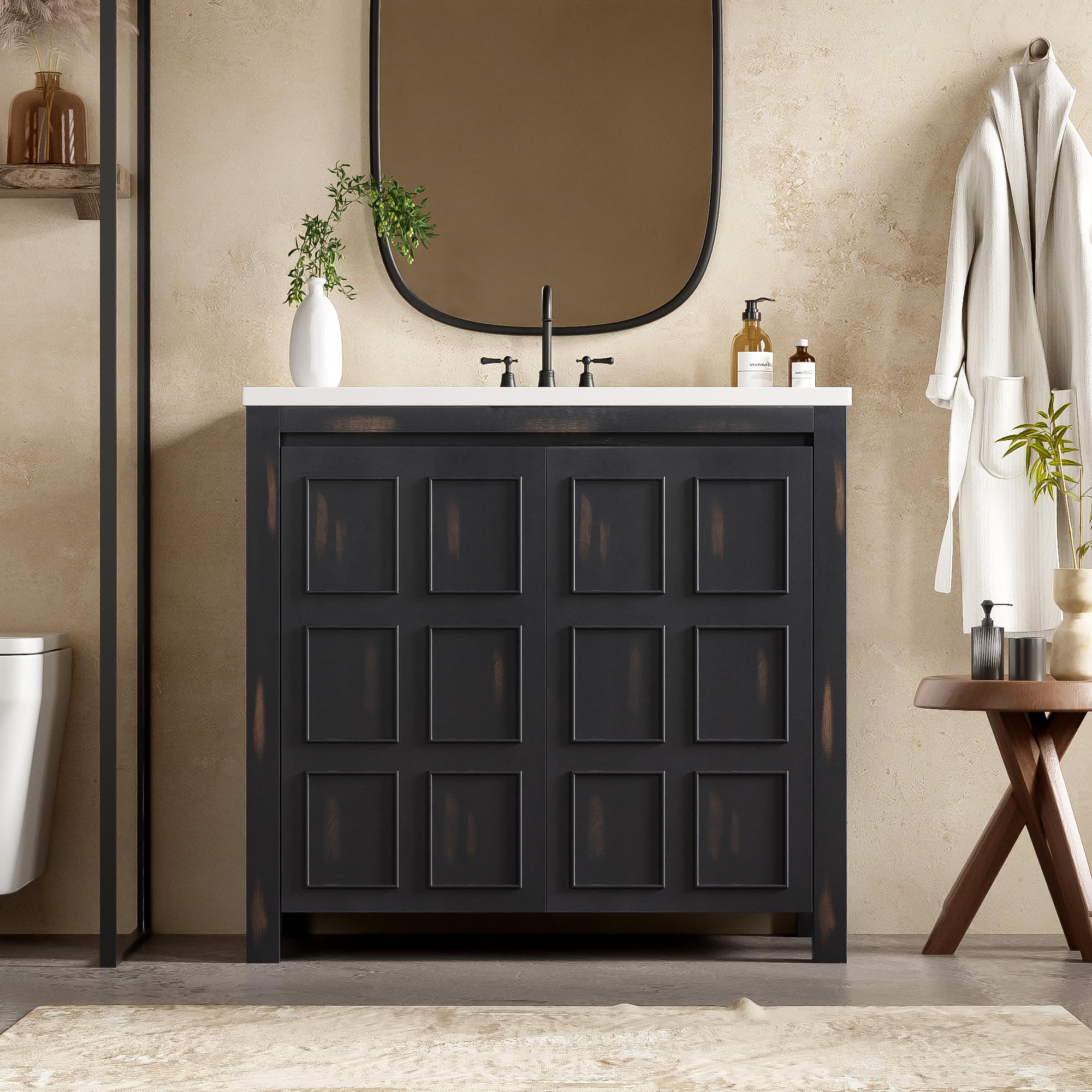 36" Bathroom Vanity with Sink, Modern Bathroom Vanity with 2 Doors, Adjustable Shelf, Freestanding Bathroom Storage Cabinet with Ceramic Sink, Espresso