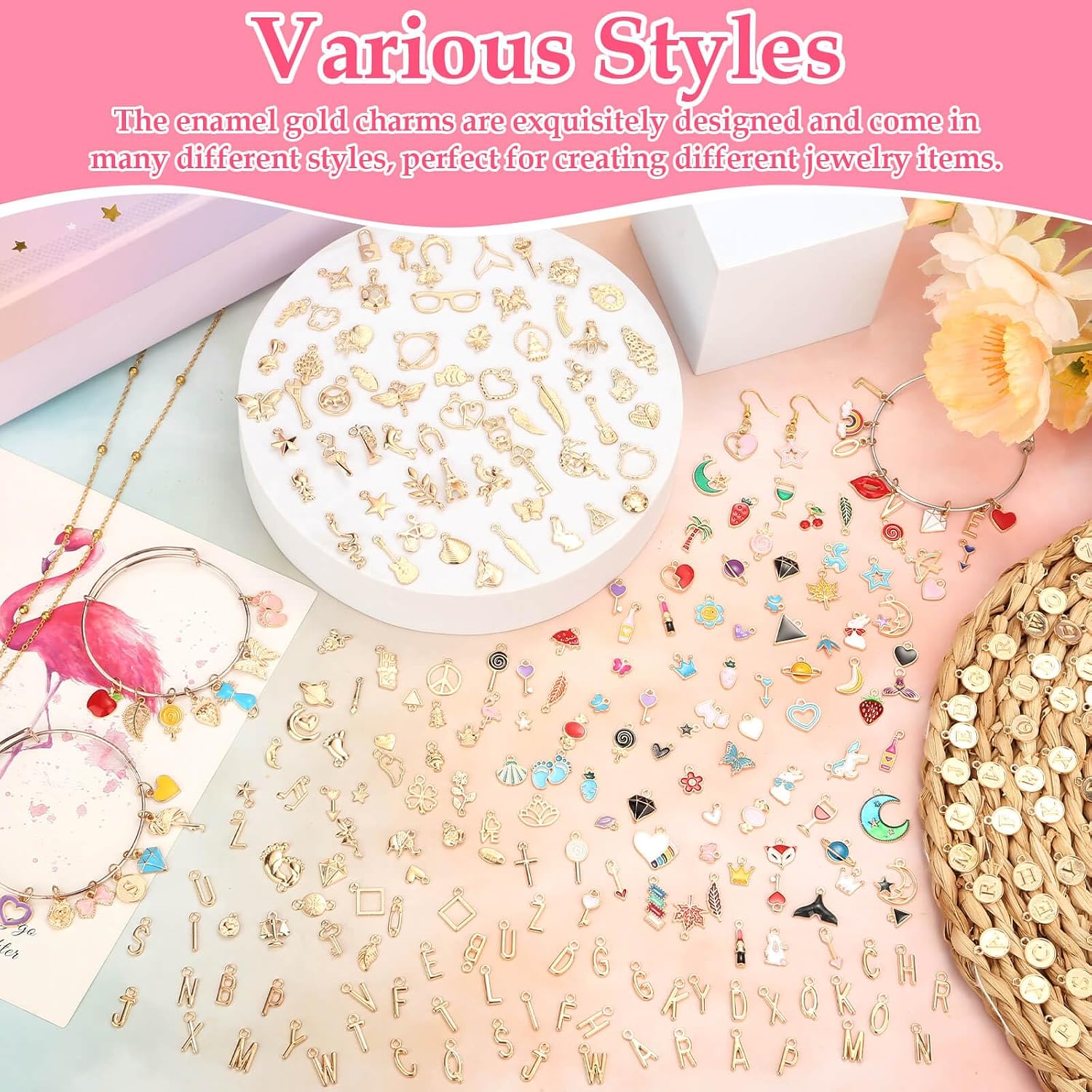 Flasoo 304Pcs Gold Charms for Jewelry Making, Assorted Bracelet Letter Charms for DIY Jewelry Making Necklace Bracelet, Keychains and Crafts