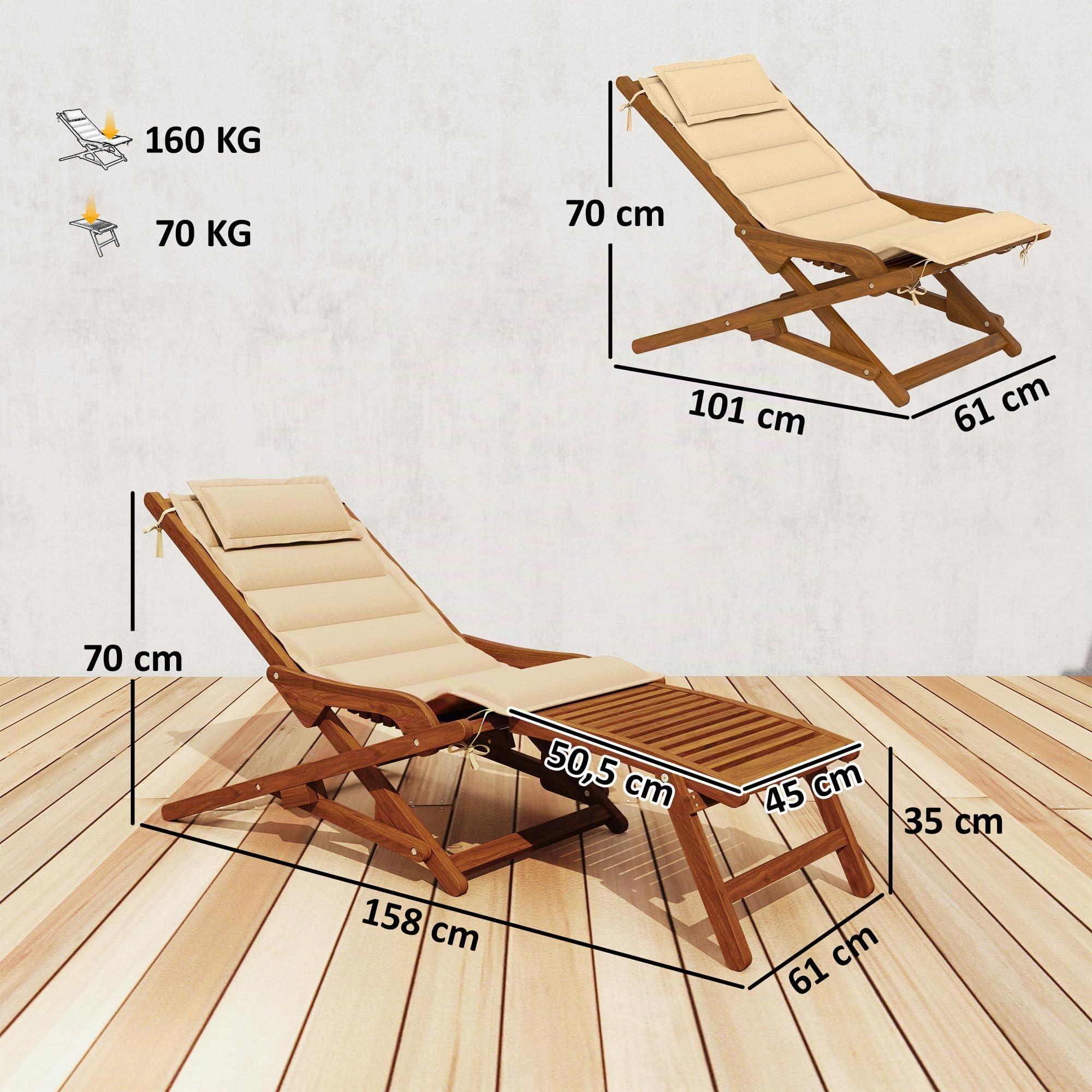 Outsunny Tumbona Silla Plegable de Madera de Acacia 158x61x70 cm Beige | Silla de Jardín Exterior, Reposapiés Desmontable, Cojín con Reposacabezas, Carga 160 kg, para Terraza, Patio, Playa