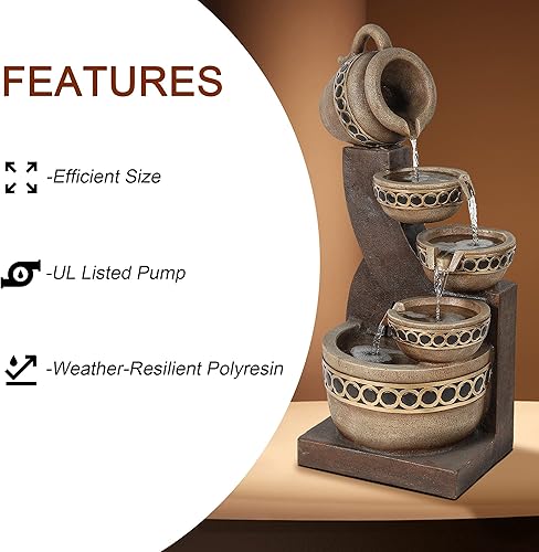 Miniatura 6 de LuxenHome - Fuente de agua para exteriores, jarras en cascada de poliresina de 5 niveles, fuentes y cascadas, decoración de fuente de agua