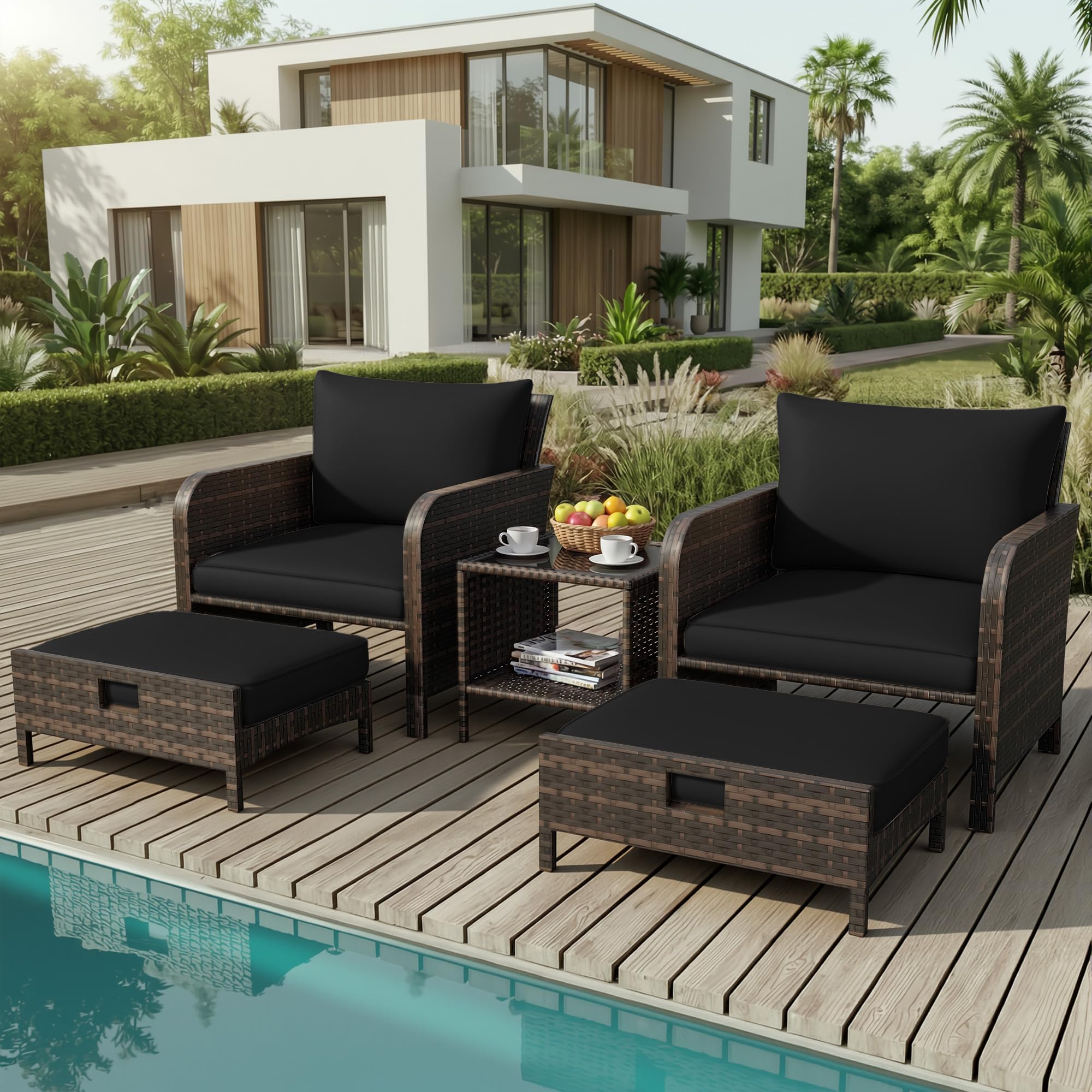 LEVELEVE Patio Conversation Set 5 Piece, Balcony Furniture Outdoor PE Rattan Wicker Lounge Chairs with Soft Cushions, 2 Ottomans & Glass Table for Porch Lawn, Brown (Black Cushions