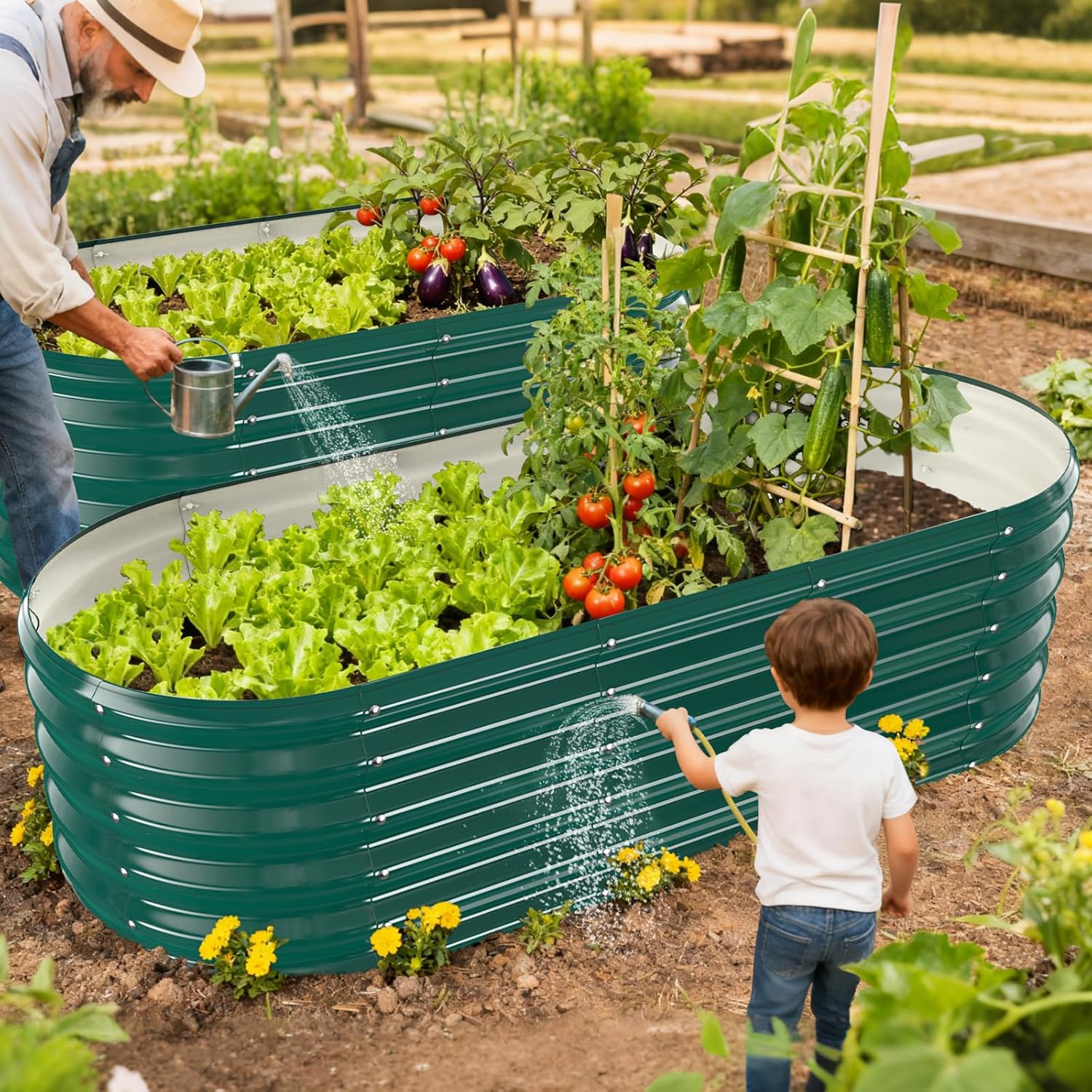 17" Tall Outdoor Garden Raised Garden Bed Kits,5ft X 2ft Oval,0.8MM Thick Metal Raised Planter Bed/Ground Planter Box for Variety of Flowers,Herbs,Vegetables (Dark Green, 60X24X16.5 Inches)