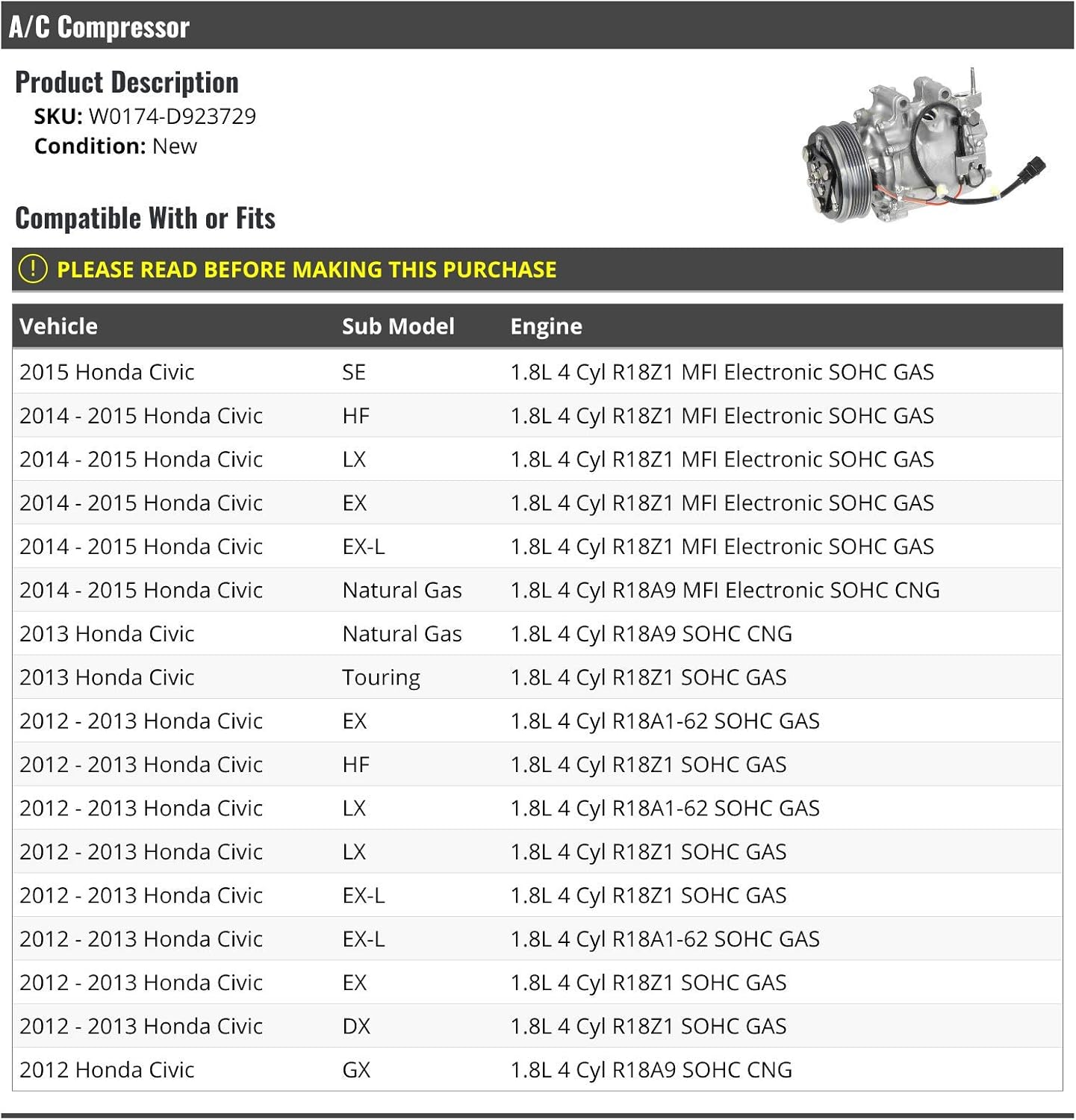 A/C Compressor - Compatible with 2012-2015 Honda Civic