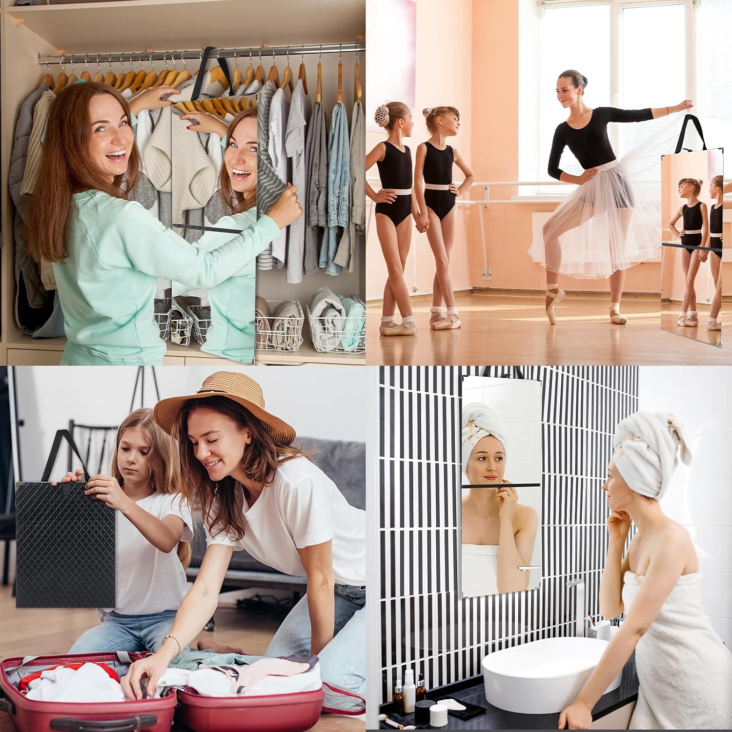 Chunful Frameless Travel Hanging Mirror Leather Foldable Full Length Backstage Makeup Mirror with Handle for Travel Dance Competition Home Fitness Gift(Black,33.07 x 12.99 Inches)