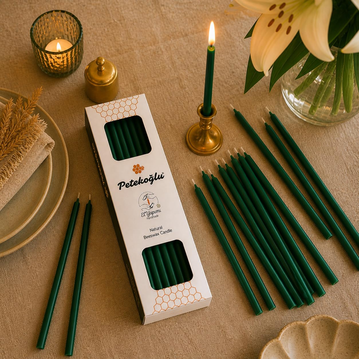 Petekoğlu 40 velas verdes de cera de abeja pura, sin goteo, sin humo, altas, finas velas decorativas para oración de iglesia, decoración o velas de cumpleaños, velas perfumadas a miel