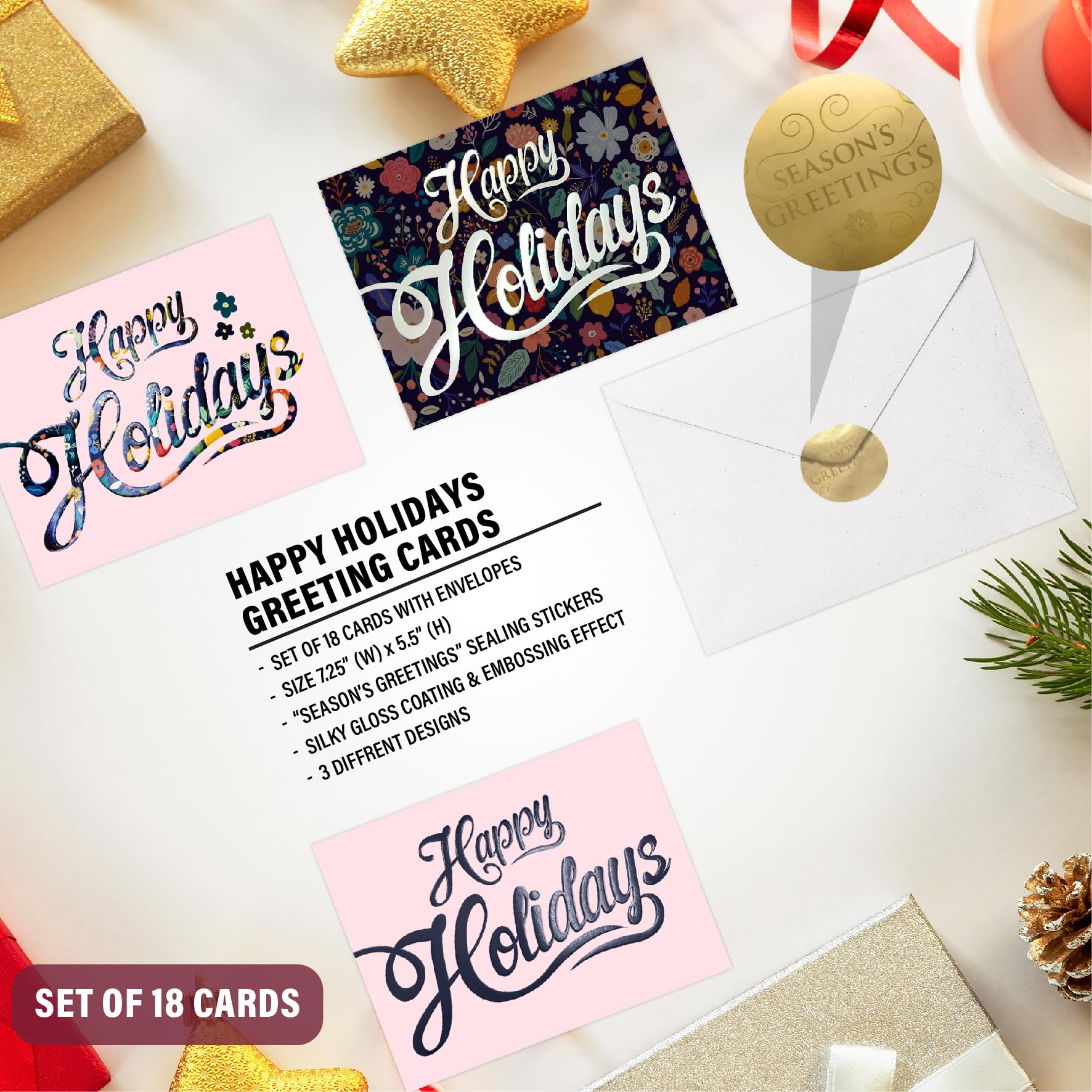 Easykart Labels 90 Happy Holidays Cards With Envelopes,3 Designs Of 6