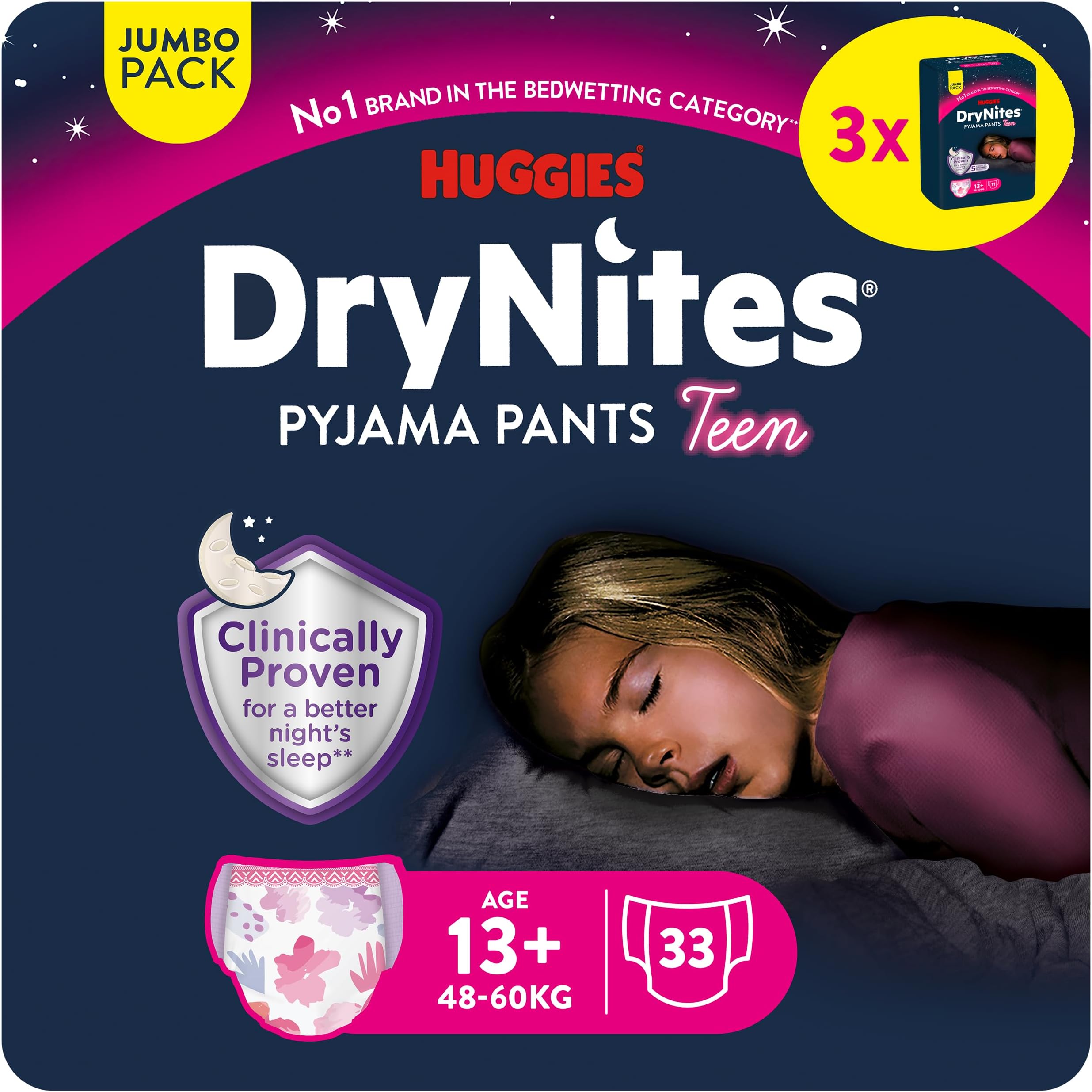 HUGGIES DryNites Girls Age 13+ Year Bedwetting Pyjama Nappy Pants (3 Packs of 11 Pants) - 33 Pants