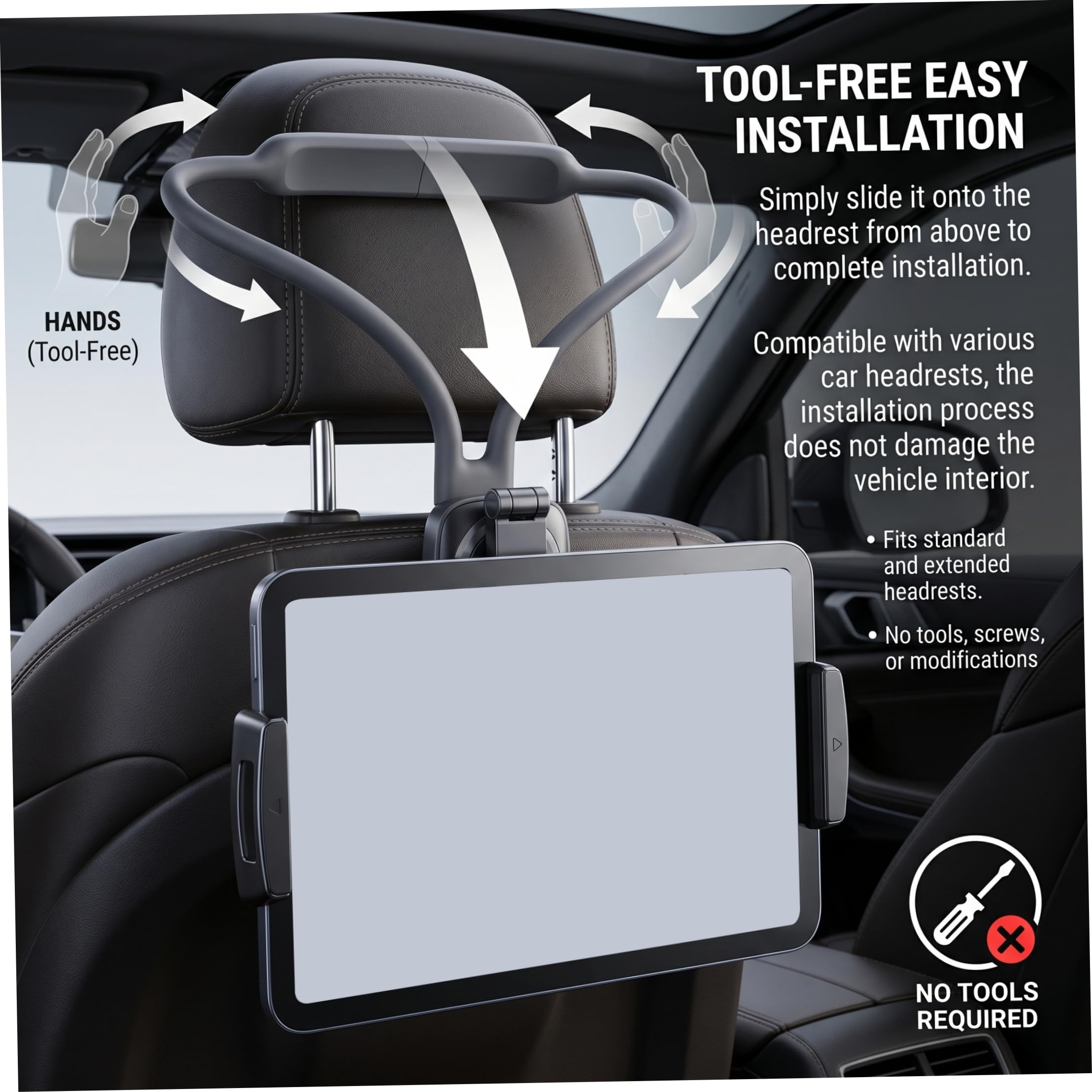 Supporto per tablet per poggiatesta, supporto sicuro per tablet da auto con vista regolabile Installazione senza attrezzi Elementi essenziali per viaggi su strada per bambini, auto