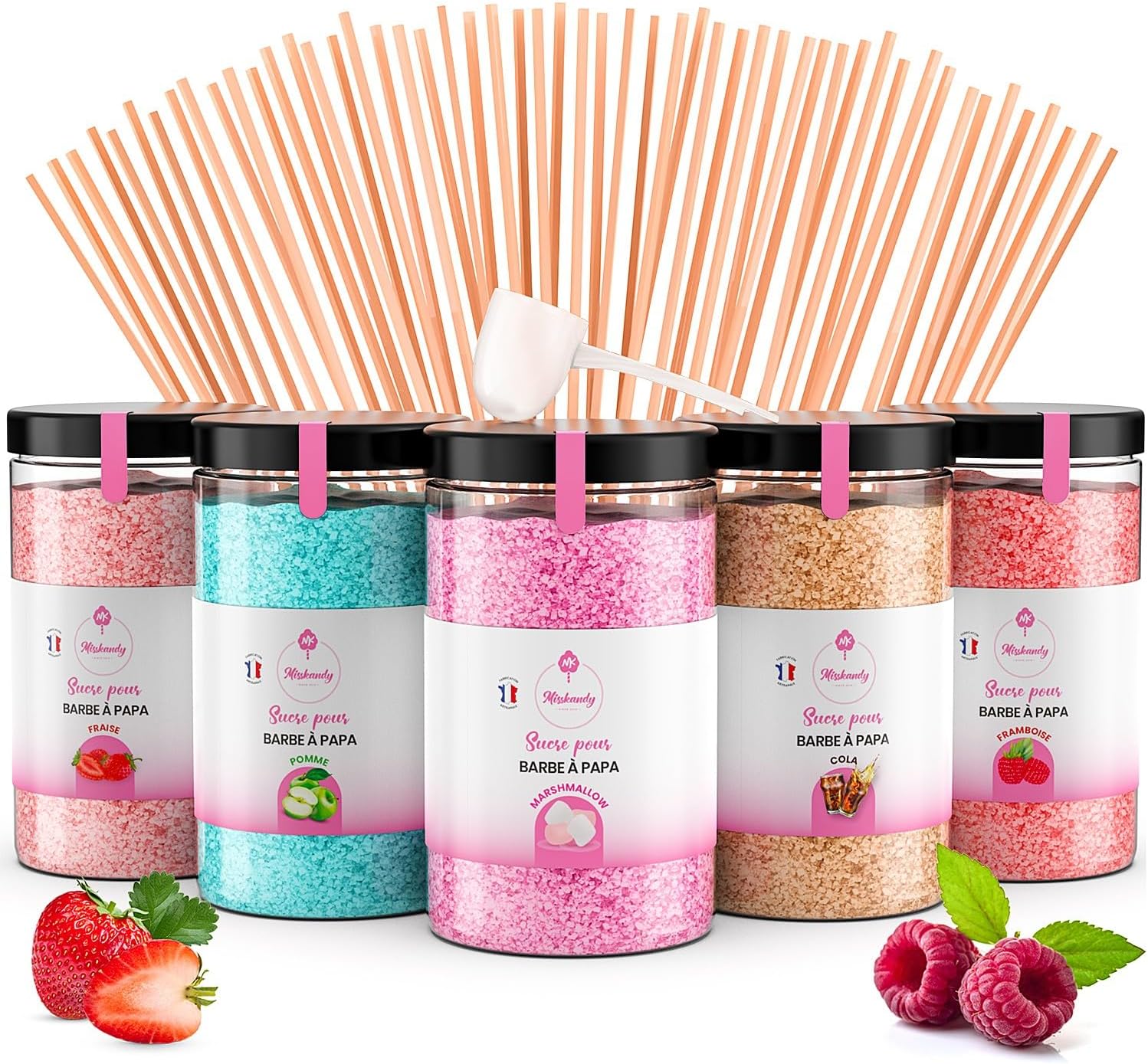 Misskandy®-Candy Floss Sugar Pack (5 * 300g) (Strawberry, Apple, Marshmallow, Cola, Raspberry) Use in Cotton Candy Maker + 50 Sticks of 30 cm (free)