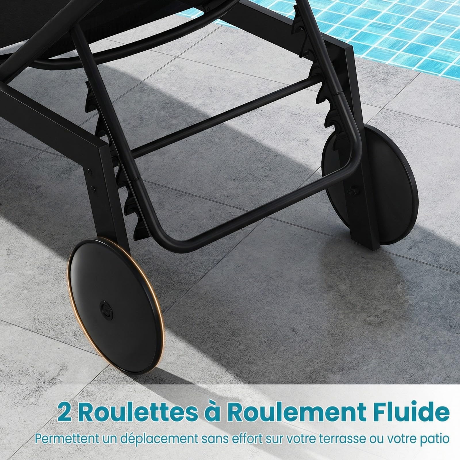 COSTWAY Bain de Soleil avec 2 roulettes, Chaise Longue Jardin Exterieur Réglable en 6 Positions, Tissu Respirant, Structure en Métal, Transat pour Piscine Terrasse Jardin, Charge 150 kg (Noir,1)