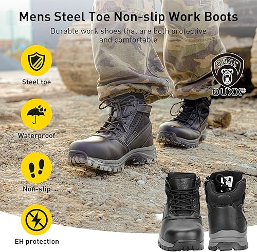 Miniatura 9 de OUXX Botas de trabajo para hombre, con puntera de acero deslizante, de cuero, impermeables, antideslizantes, a prueba de pinchazos, antiestáticas,
