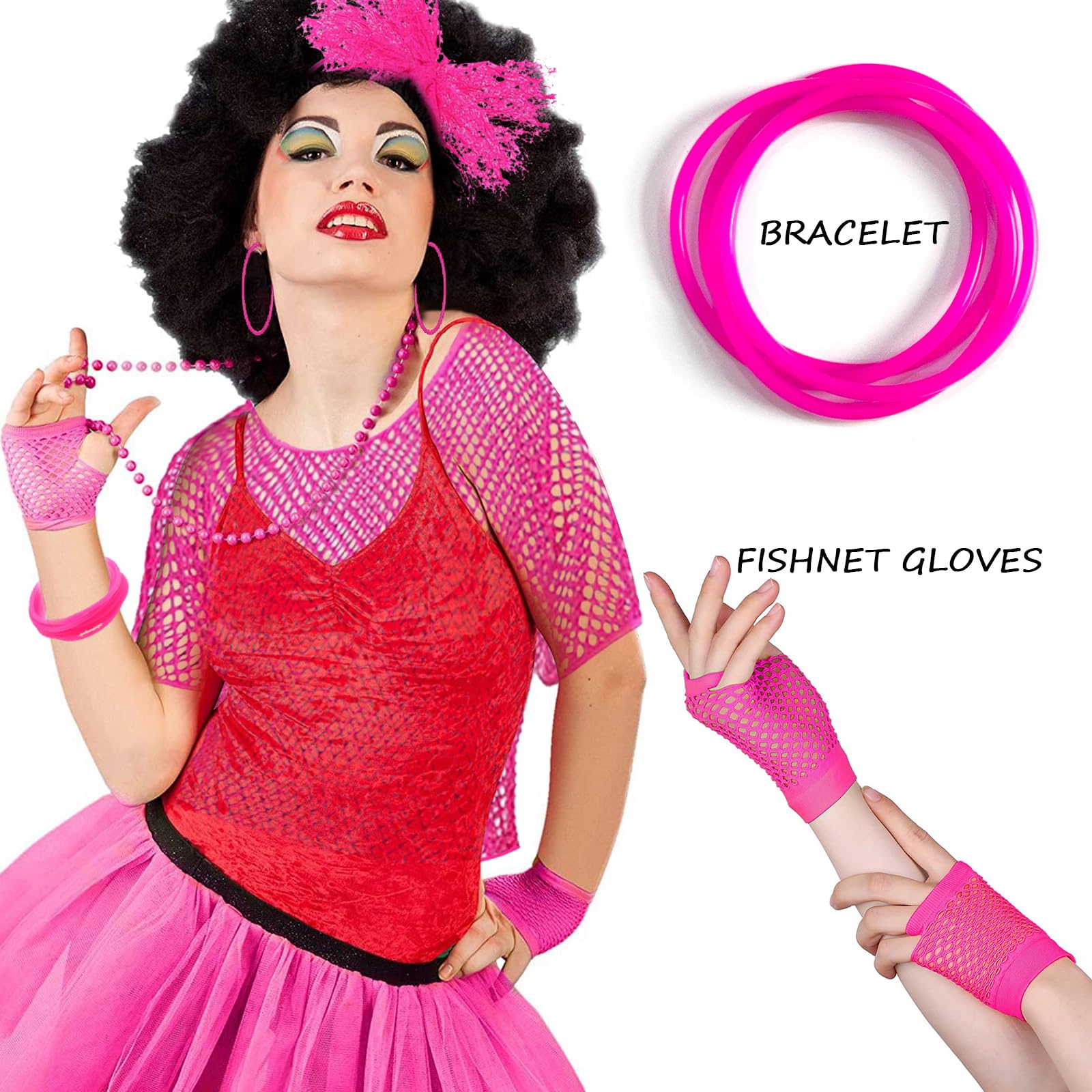 TYXHXTF 6Pcs 80s Fancy Dress Costume Accessories for Women 1980s Retro Theme Party Set including Lace Headband Earrings Necklace Fishnet Glove Fishnet Top - Image 4