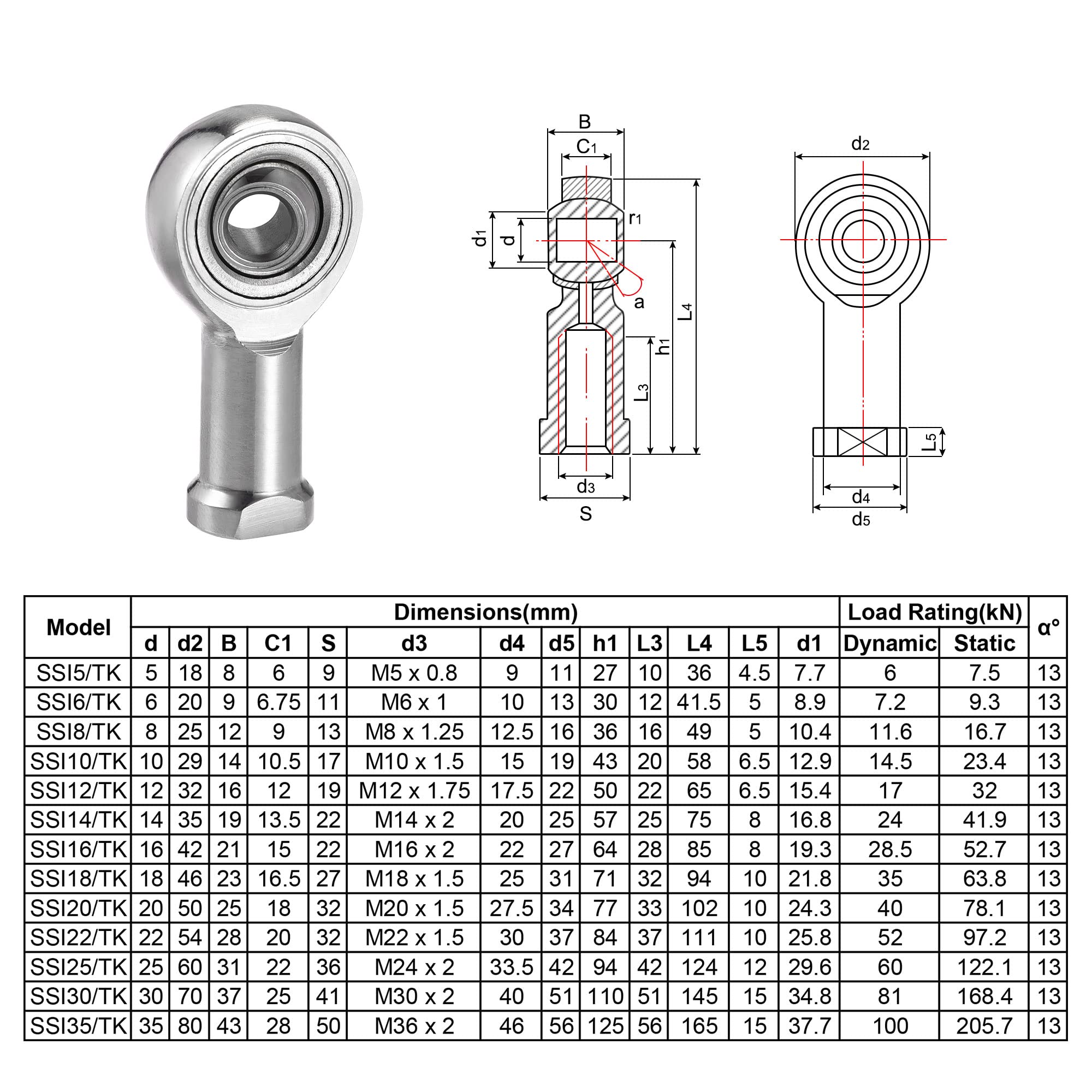 sourcing map 2 Stück Gelenkkopflager SSI6T/K 6mm Bohrung Edelstahl M6x1 Innengewinde Rechtsgewinde