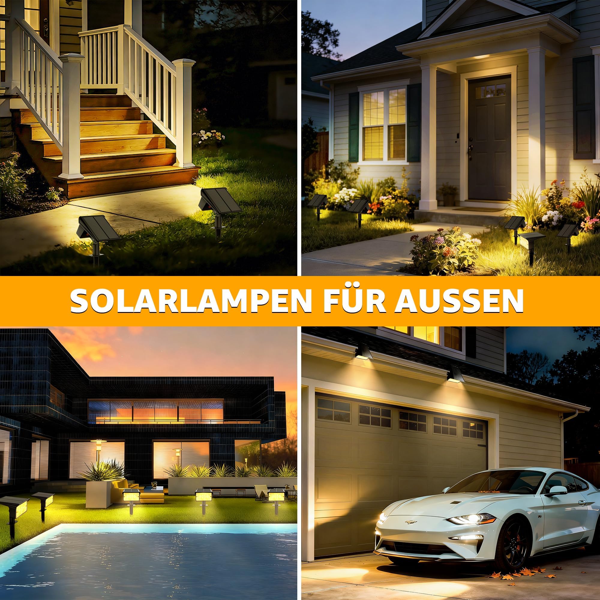 Ollny Lot de 4 Spots Solaires Extérieur 60 LEDs, 3000K Blanc Chaud, IP65 Étanche, 3 Modes, Crépuscule à Aube, Lampes Solaires Jardin, Éclairage Extérieur Solaire