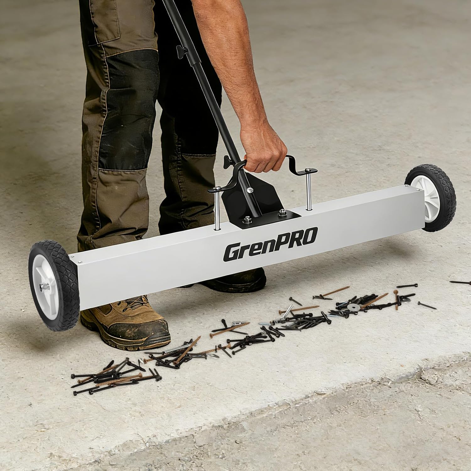 GRENPRO Magnetic Sweeper Rolling 36 Inch, 55-Pound Lawn Magnet for Nails, Magnet Sweeper with Wheels, Floor Push Sweeper with Telescoping Handle, Pick-up Nails Screws Workshop Garage ASIN B0FW4KD65Q