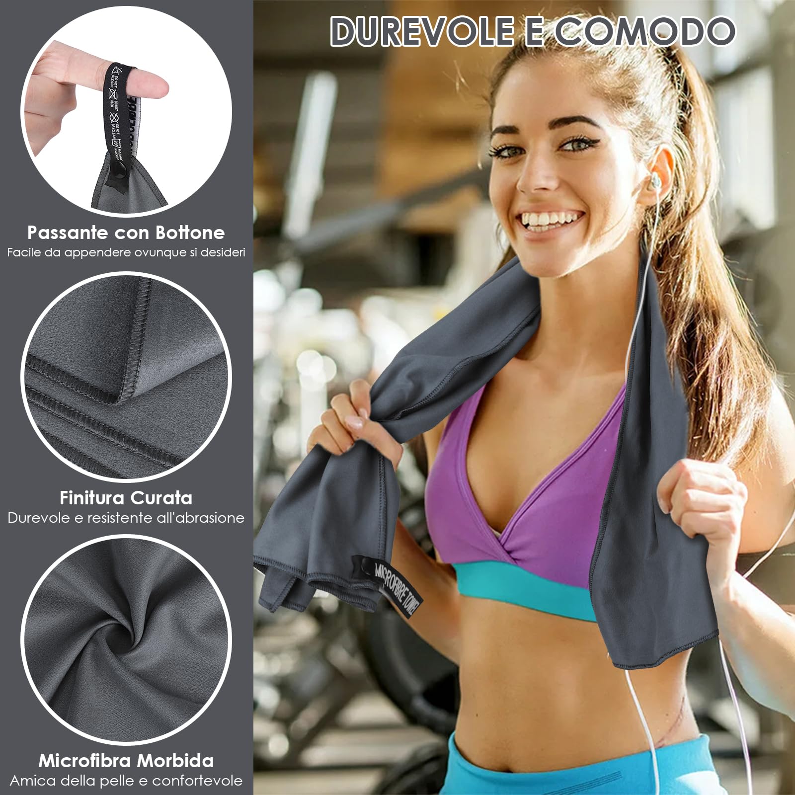 Erichero Asciugamano Microfibra Set di 3, 180x80cm Asciugamano Palestra Grande & 2 Pezzi 80x40cm Telo Mare Microfibra, Compatto & Ultraleggero Asciugamano Viaggio Asciugamano Sport(Grigio Scuro)
