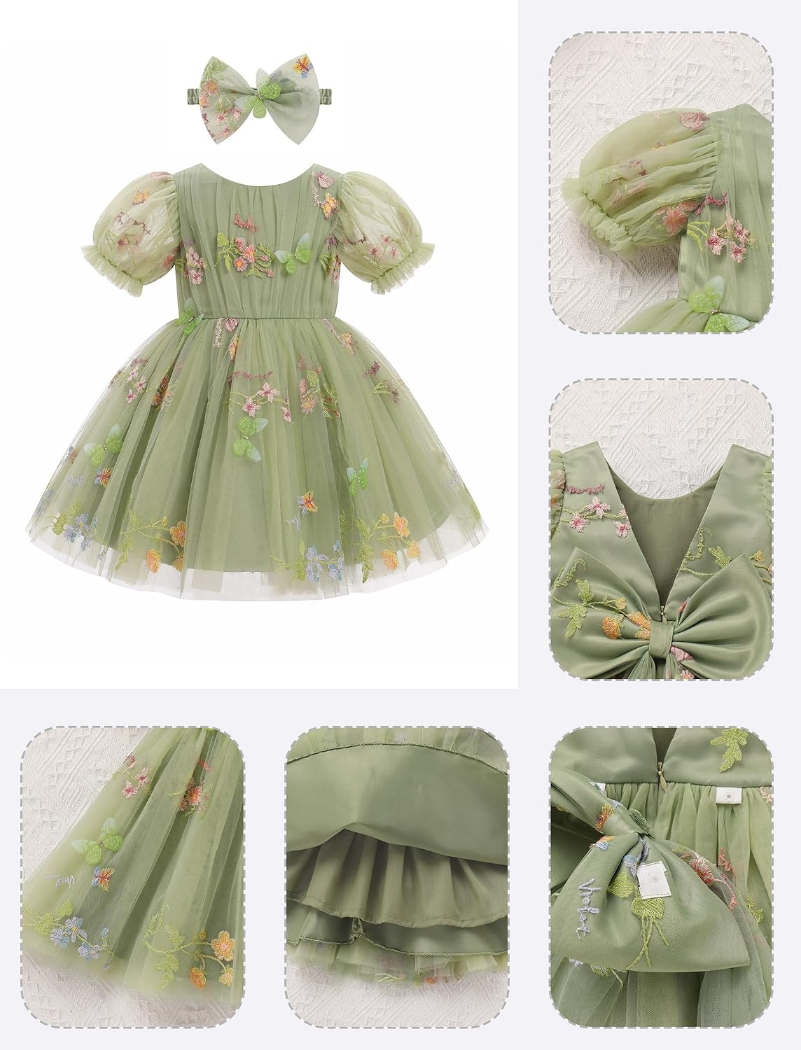 OBEEII Pageant Dress for Toddler Girls Sparkle Star 3D Butterfly/Floral Embroidery Tulle Tutu Dress Princess Prom Party Gown