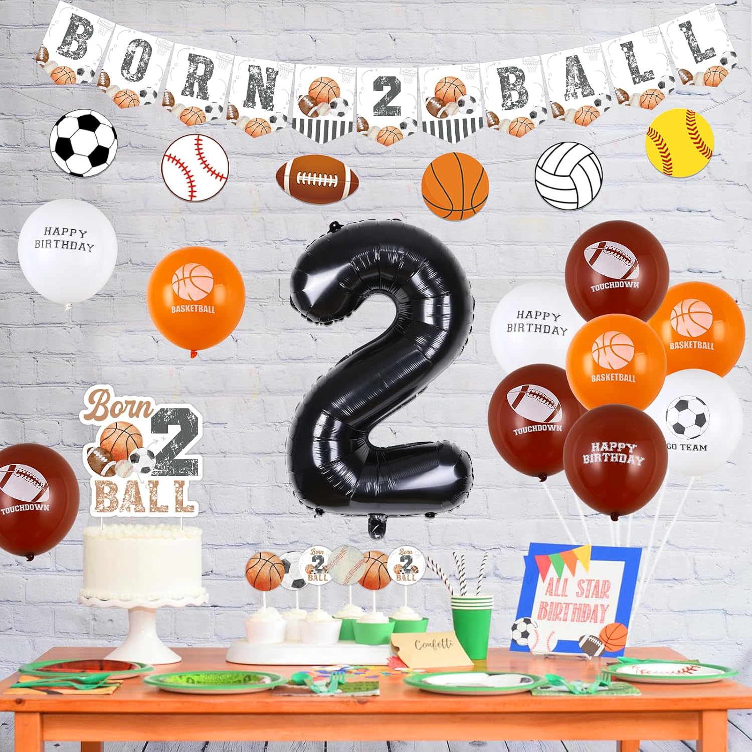 Sports 2nd Birthday Decorations for Boys Girls - Born 2 Ball Banner Cake Topper, Cupcake Toppers, Football Soccer Basketball Printed Balloons, Sport Theme Birthday Party Supplies