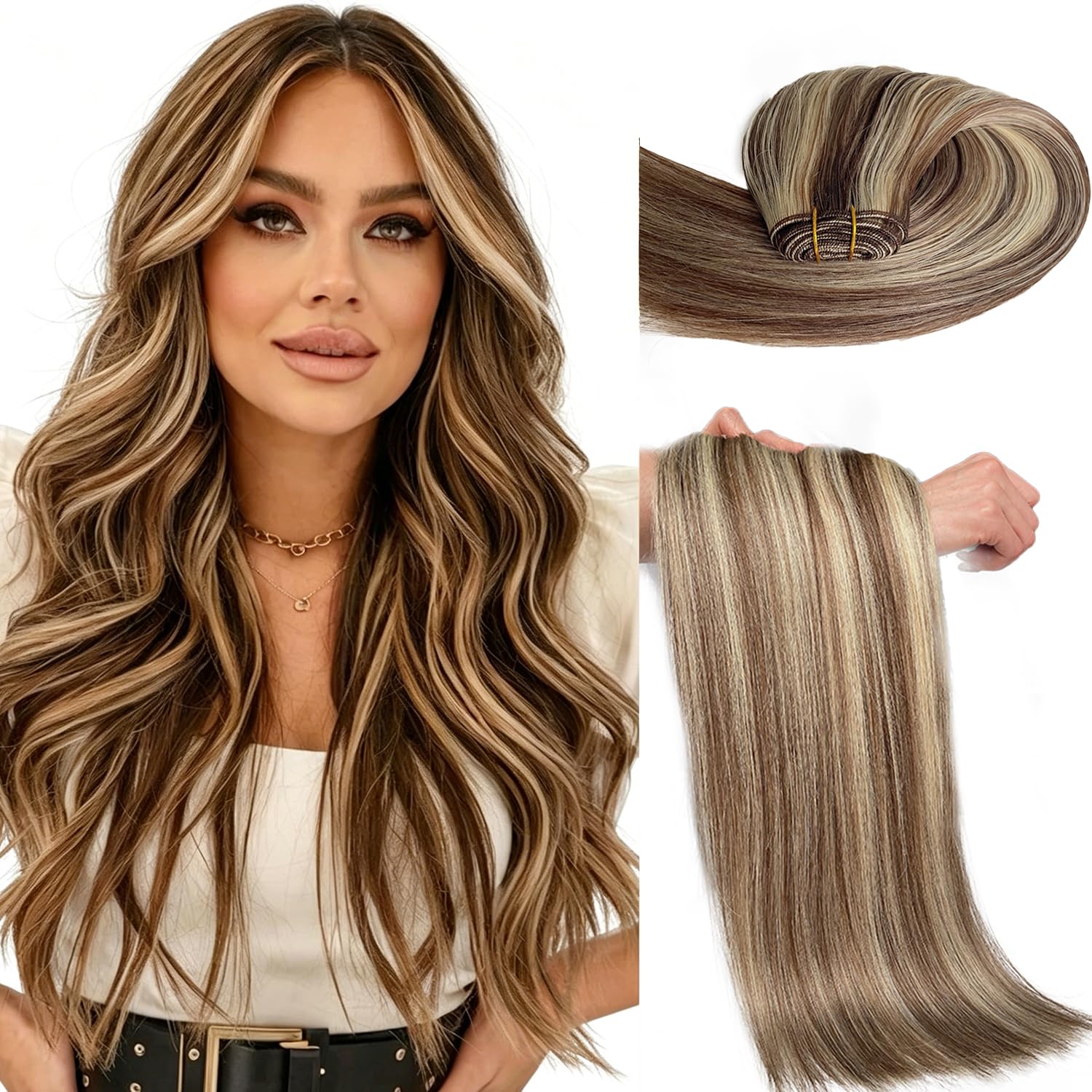 Extension di capelli umani da cucire a livello di salone di bellezza, tessitura a mano, ad alta densità, flessibile, senza miscela sintetica, non perde capelli, tripla durata, spessore naturale, da