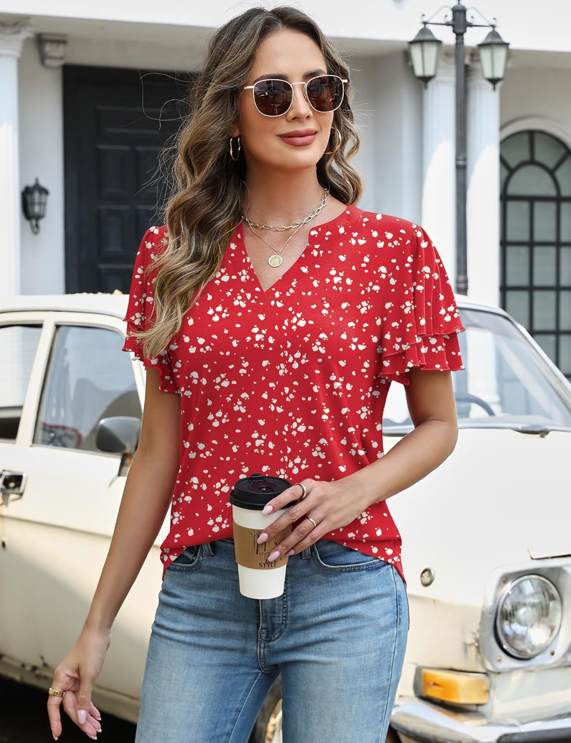 Rapbin Womens Tops Dressy Casual Ruffle Short Sleeve V Neck Blouses Summer Fashion Business Work Elegant Shirts - Image 4