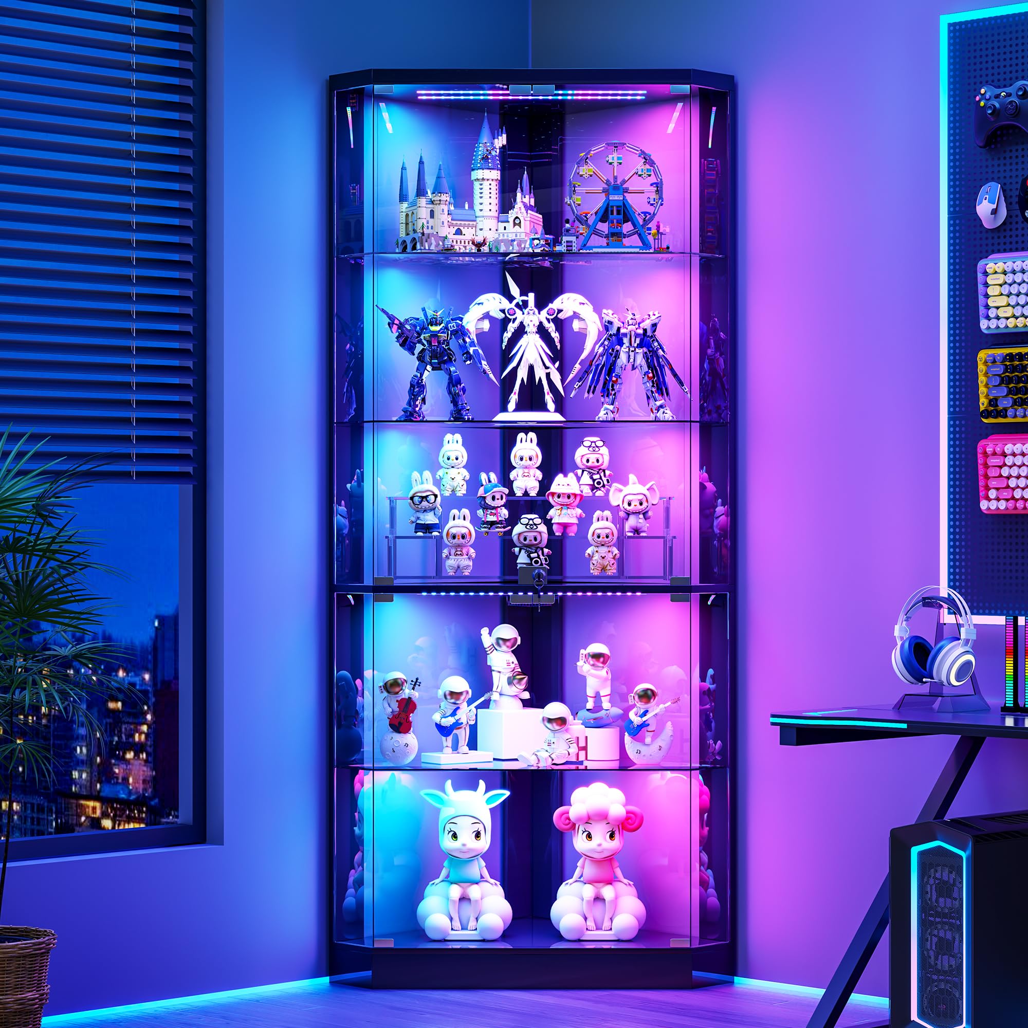 Lvifur Eckvitrine mit LED Beleuchtung & Glastüren für Sammlervitrine und Wohnzimmer, Vitrinenschrank mit Menschlicher Sensor für Schlafzimmer Studierzimme,175cm 5-Lagen Glasvitrine Schwarz