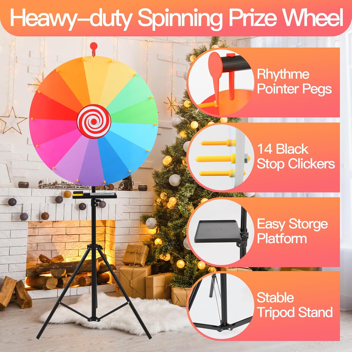 24-inch Spinning Prize Wheel, Ajustable 31"-60" Height Spin Doodle Game Spinner, Wheel of Fortune Game, Suitable for Family Games, Party Games, 14 Colors