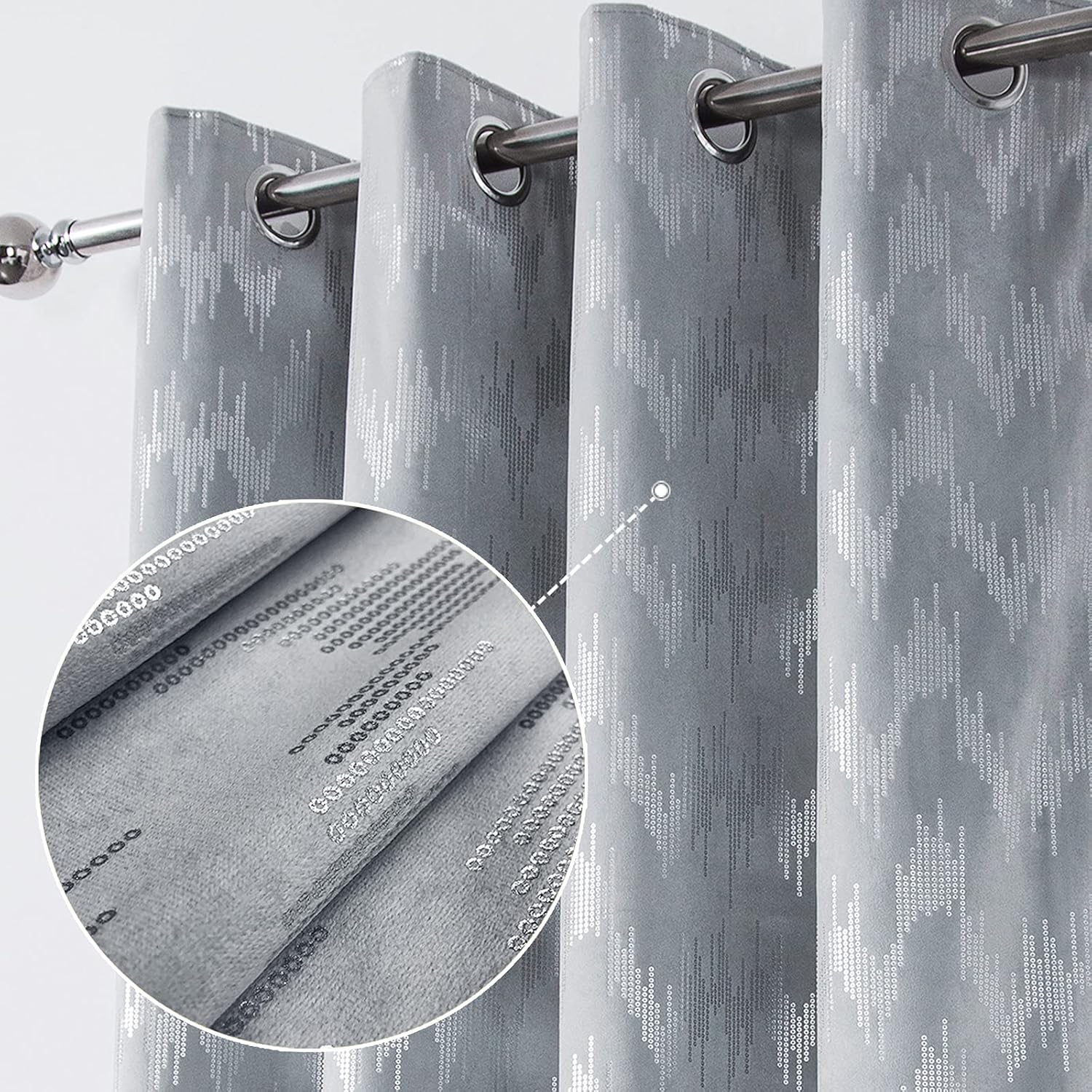 always4u 100% Blackout Curtains Eyelet for Bedroom Silver Soft Velvet Curtain Thermal Foil Printed Metallic Luxury Window Drapes for Home Decoration 1 Pair 46 * 54