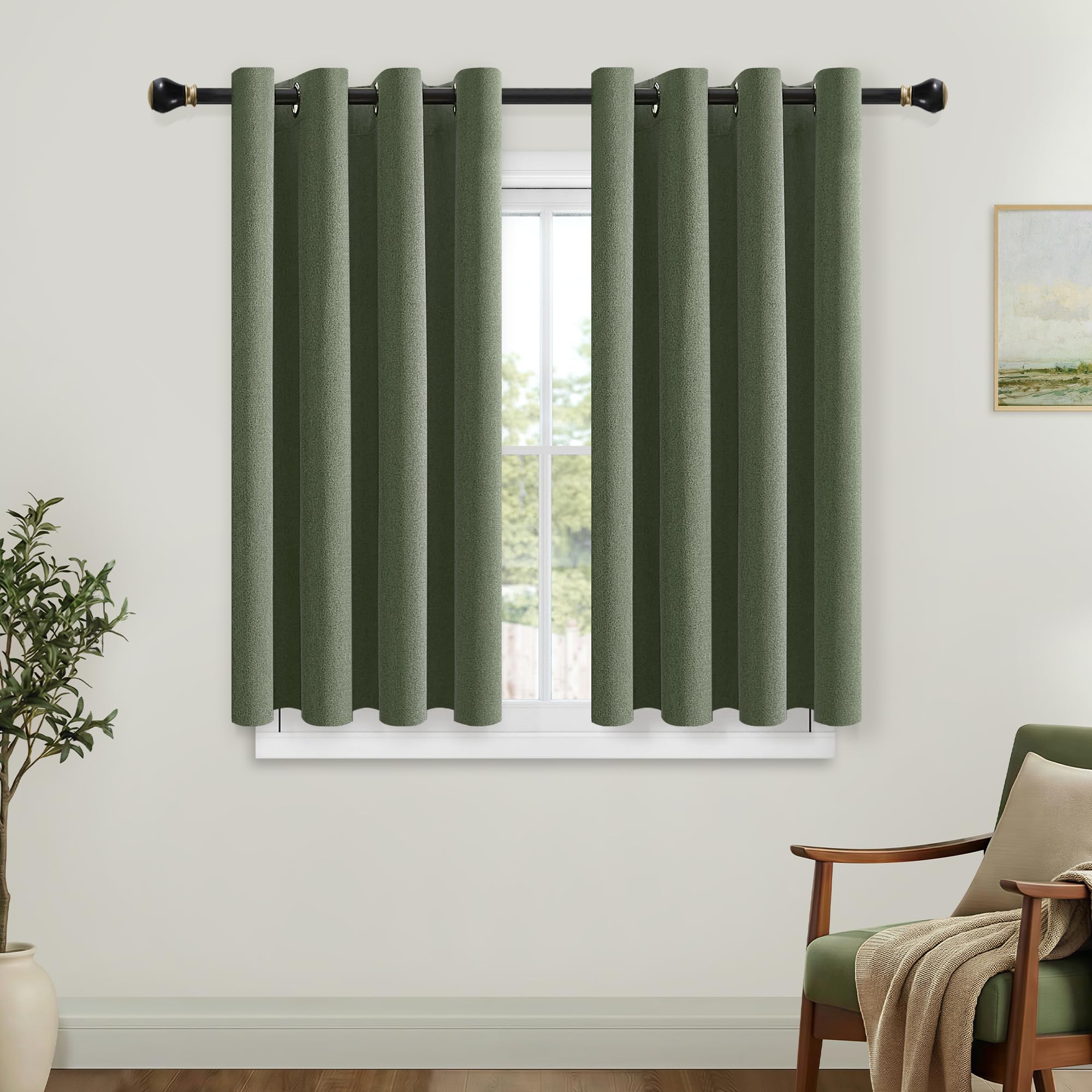 Olive Green 100% Blackout Curtains Eyelet Linen Curtains 52"Wx54"L 2 Panels