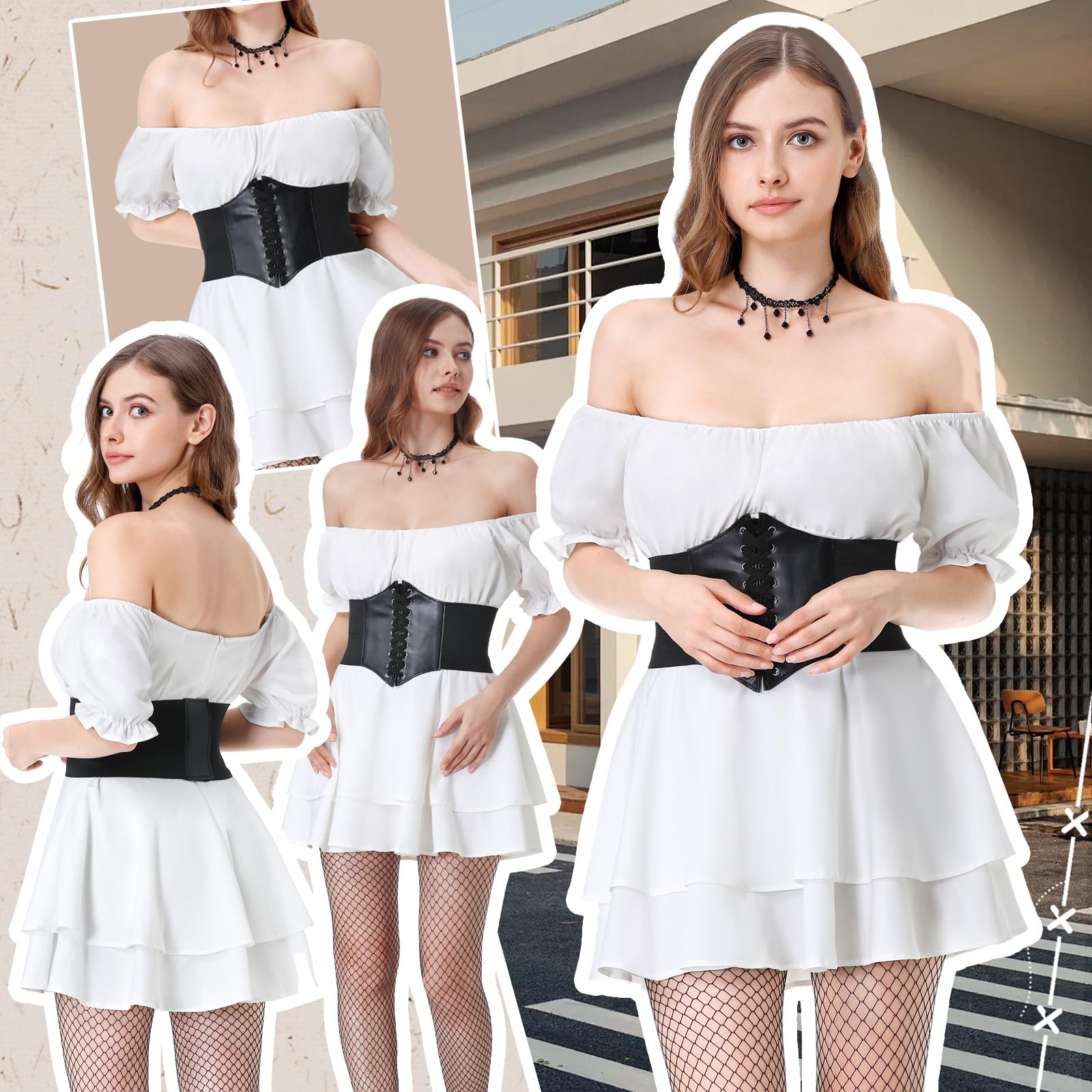 Joellfuner Vestido de Pirata, Costume Victoriano Renacentista Medievales, Disfraz Pirata Mujer con Cinturones, Cadenas de Cintura, Collares y Medias para Carnaval Halloween (Manga corta, S)