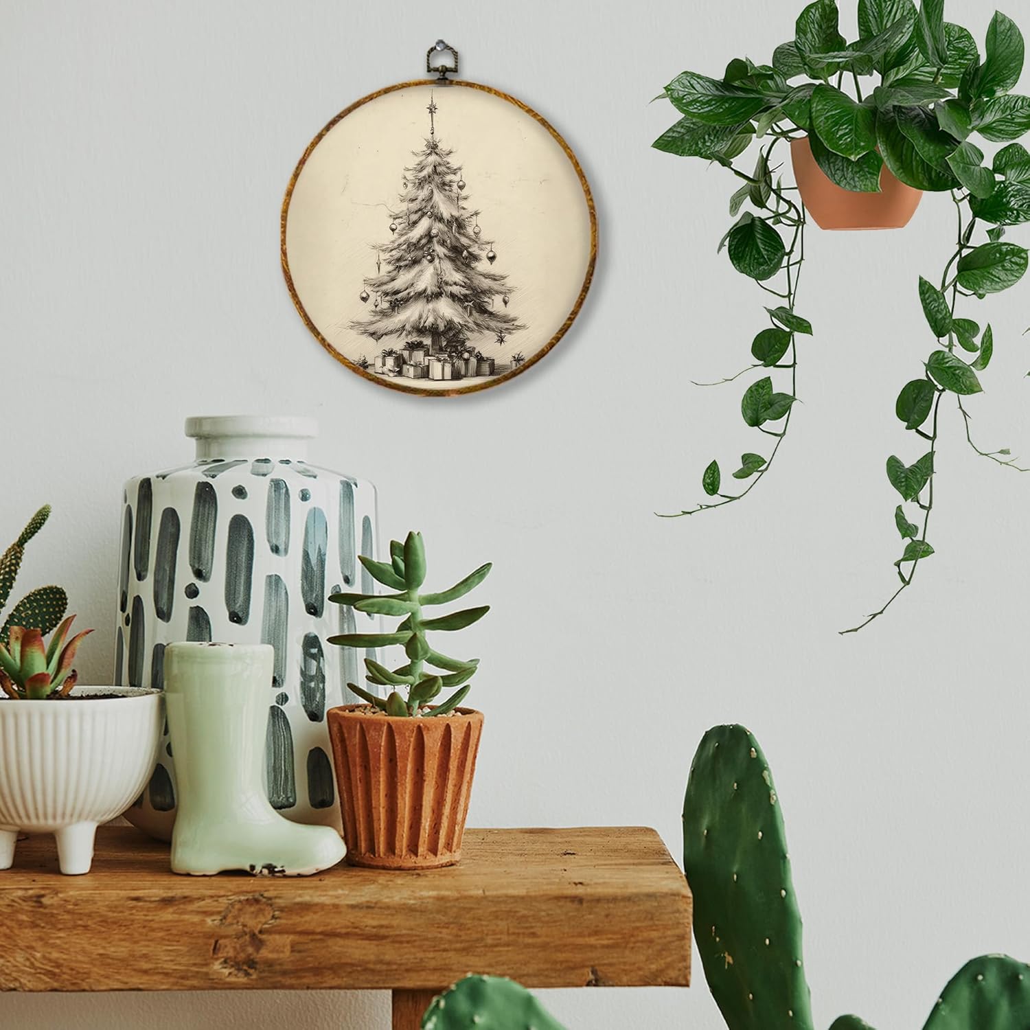 Hiuwevt Winter Pine Tree Round Wall Art Decor, Rustic Snowy Forest Framed Canvas Prints, Cozy Farmhouse Winter Round Wall Hanging Decor for Home Bedroom Living Room Decorations, 8.6x11.4 Inches Winter29