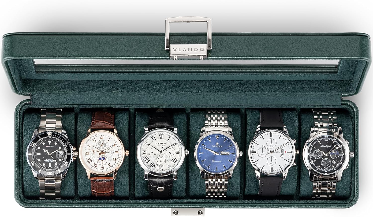 Vlando Watch Case for Men, 6-Slot Watch Box with Glass Lid, Lockable, Business Lychee Leather, Soft Pillow, Gift for Fathers, Husband, Friend - Dark Green