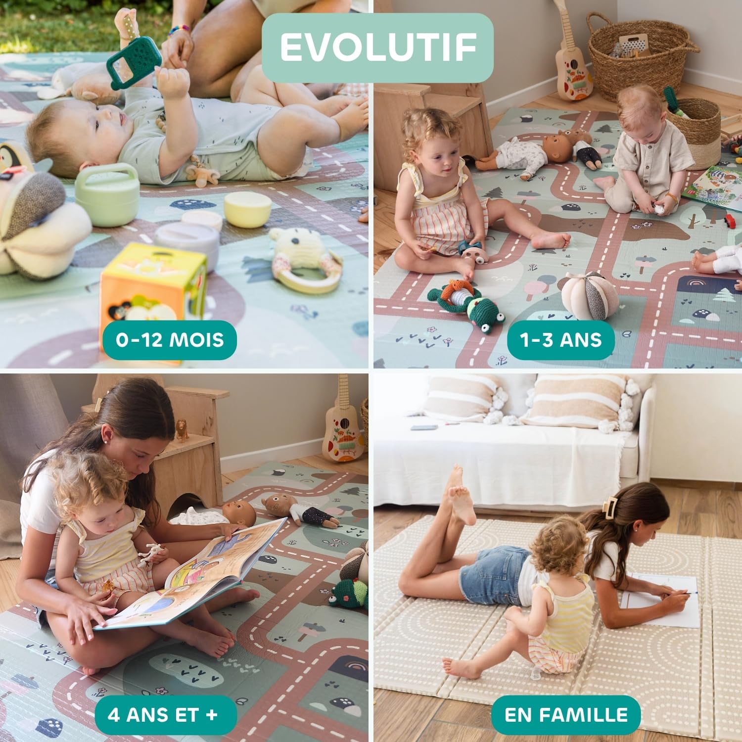 BÉABA, Tapis de Motricité XXL 200x150 cm, Tapis d'Eveil Réversible 2 Faces, Mousse Haute Densité 1,5 cm, Imperméable, Facile à Nettoyer, Pliable avec Sac de Transport, Play Life/Arch