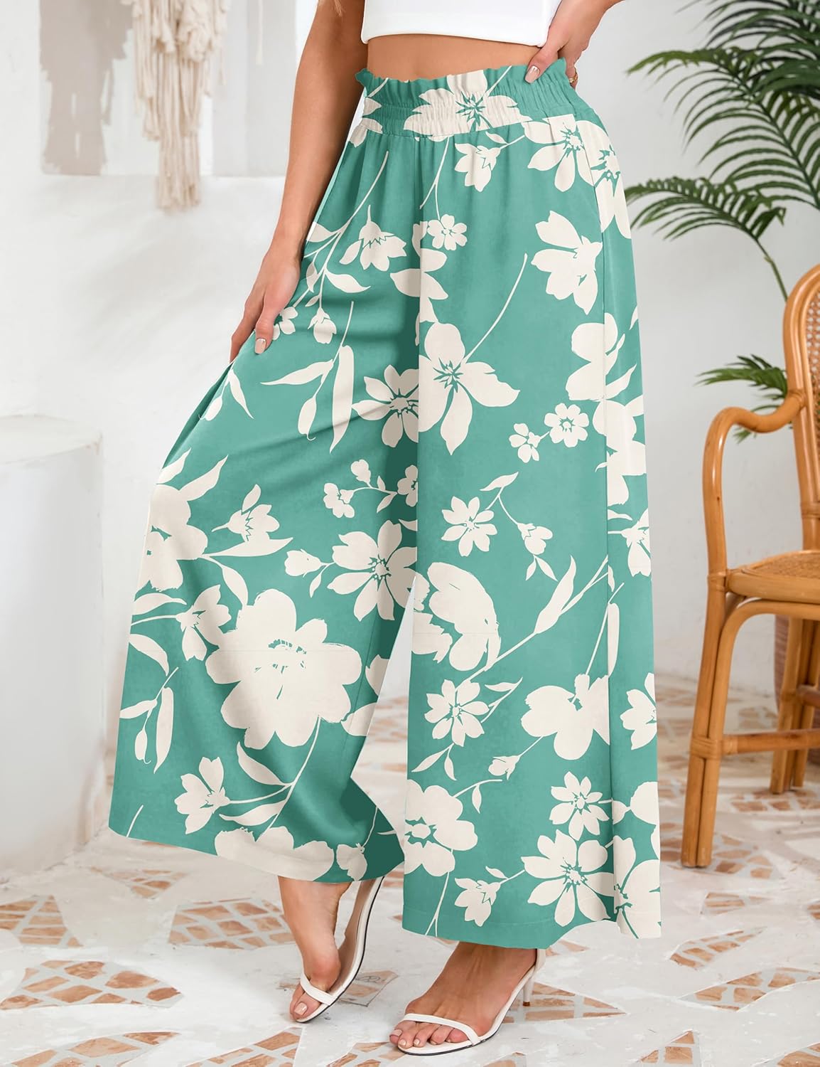 WeciBor Women's Boho Floral Palazzo Wide Leg Pants with Pockets Loose Flowy Casual Beach Vacation Outfits - Image 3