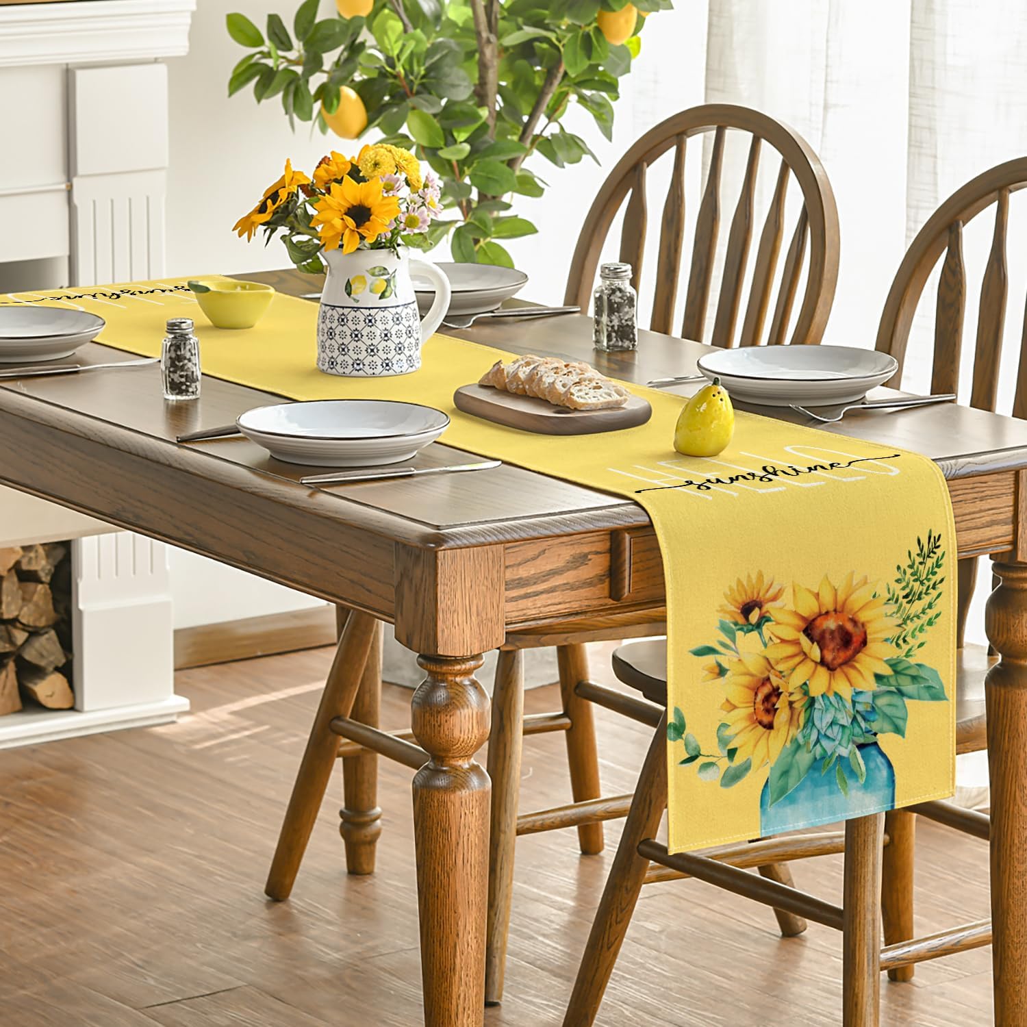 Artoid Mode Yellow Hello Sunshine Sunflower Summer Table Runner, Spring Seasonal Anniversary Holiday Kitchen Dining Table Decoration for Indoor Outdoor Home Party Decor 13 x 72 Inch