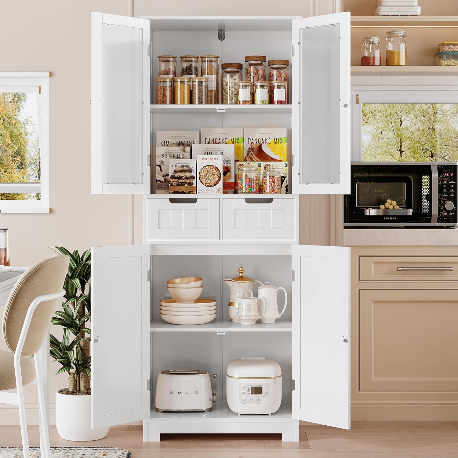 HOSTACK 64" Tall Storage Cabinet, Kitchen Pantry with Drawers, Modern Bathroom Cabinet with Shelves and Glass Doors, Free Standing Linen Storage Cupboard for Dining Room, White