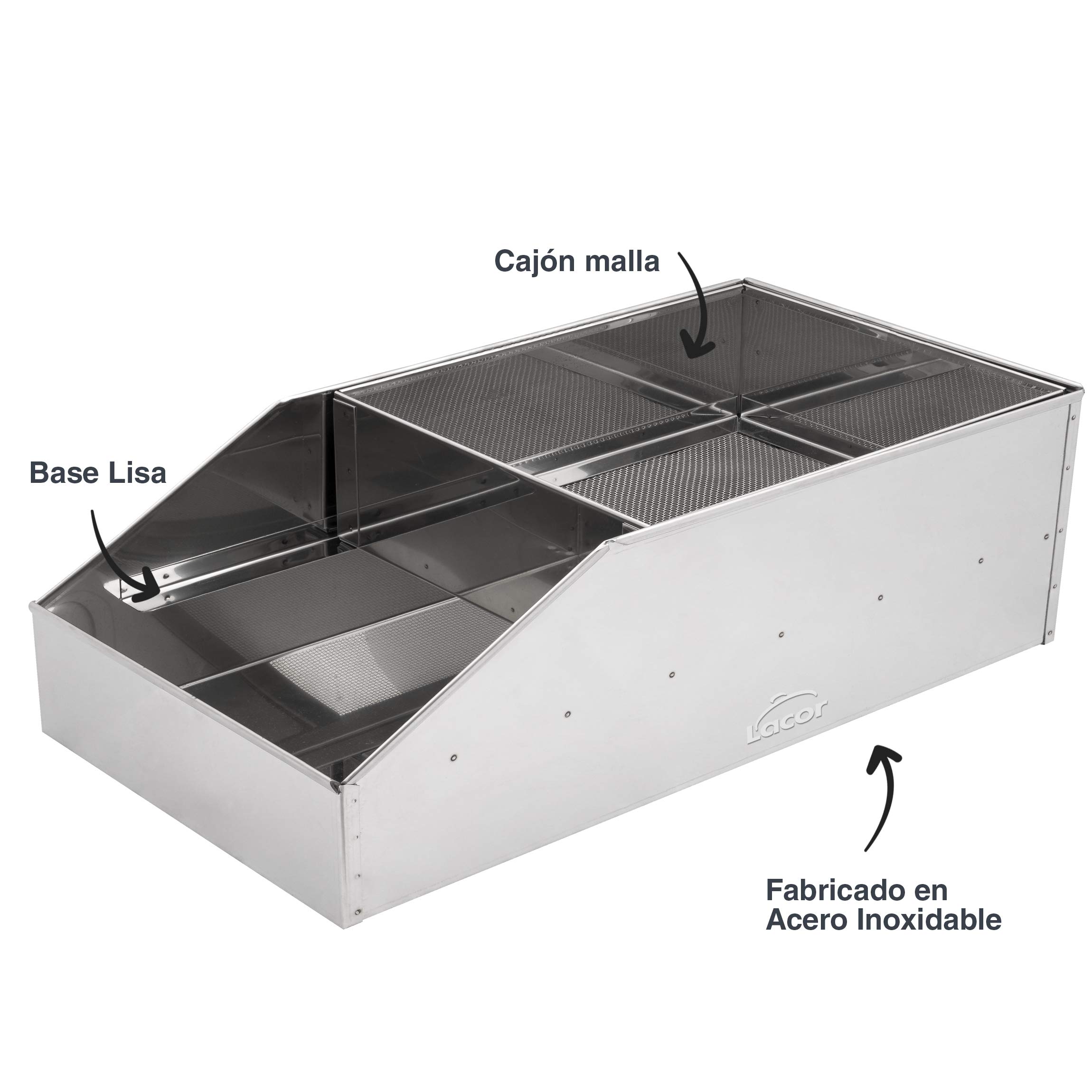 Lacor - 50450 - Farinatore in acciaio inossidabile, Setaccio di farina, Ideale per infarinare o pannare alimenti, Pulizia facile, per cucine professionali, acciaio inossidabile, 50 x 26, 5 x 18 cm