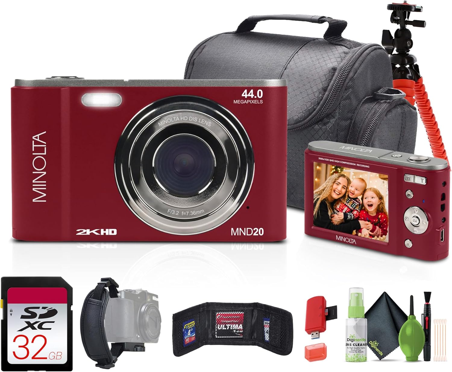 Minolta MND20 44 MP 2.7K Quad HD Digital Camera (Red) Bundle with 32GB Memory Card + 12 Inch Flexible Vlogging Tripod + Memory Card Wallet + USB Card Reader + More