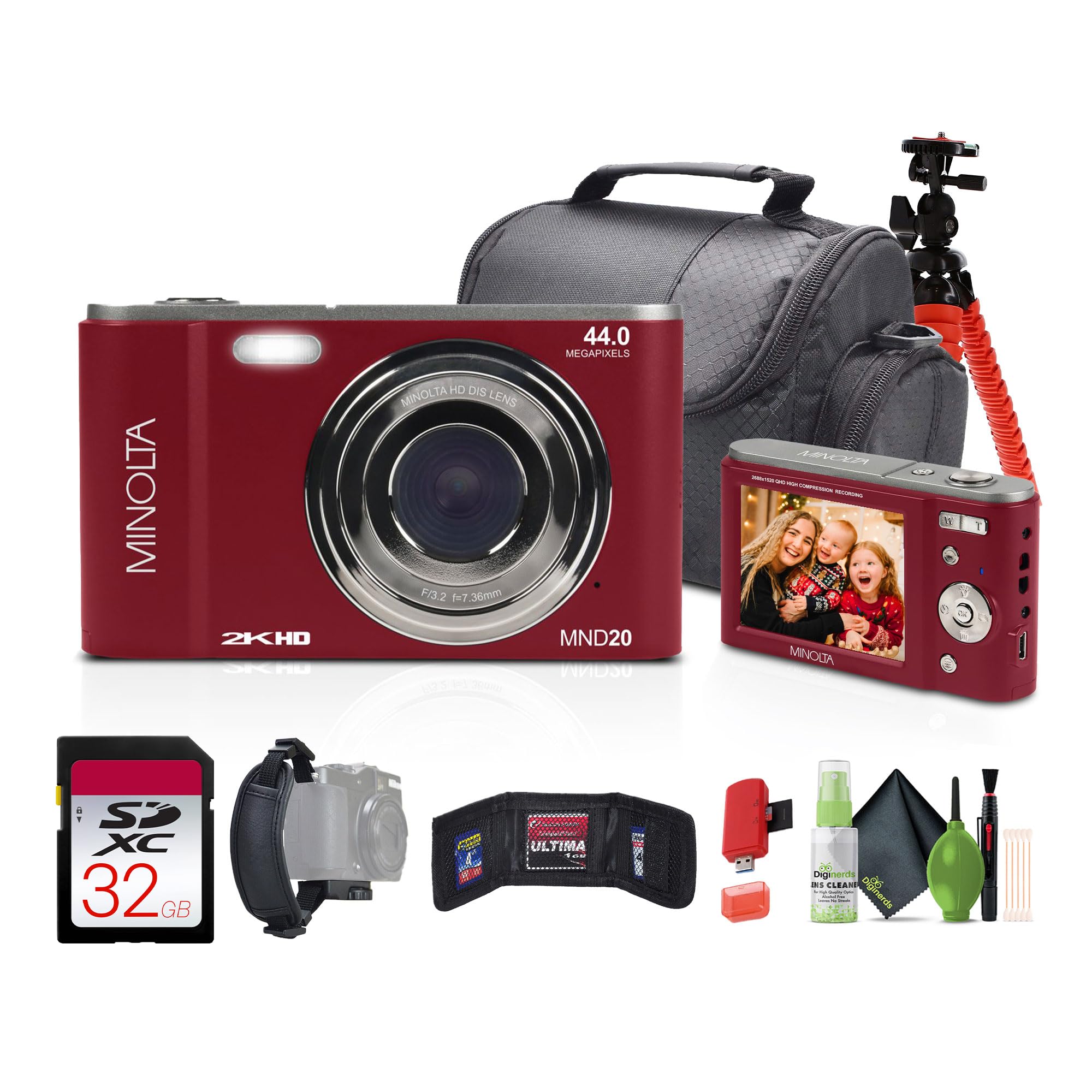 Minolta MND20 44 MP 2.7K Quad HD Digital Camera (Red) Bundle with 32GB Memory Card + 12 Inch Flexible Vlogging Tripod + Memory Card Wallet + USB Card
