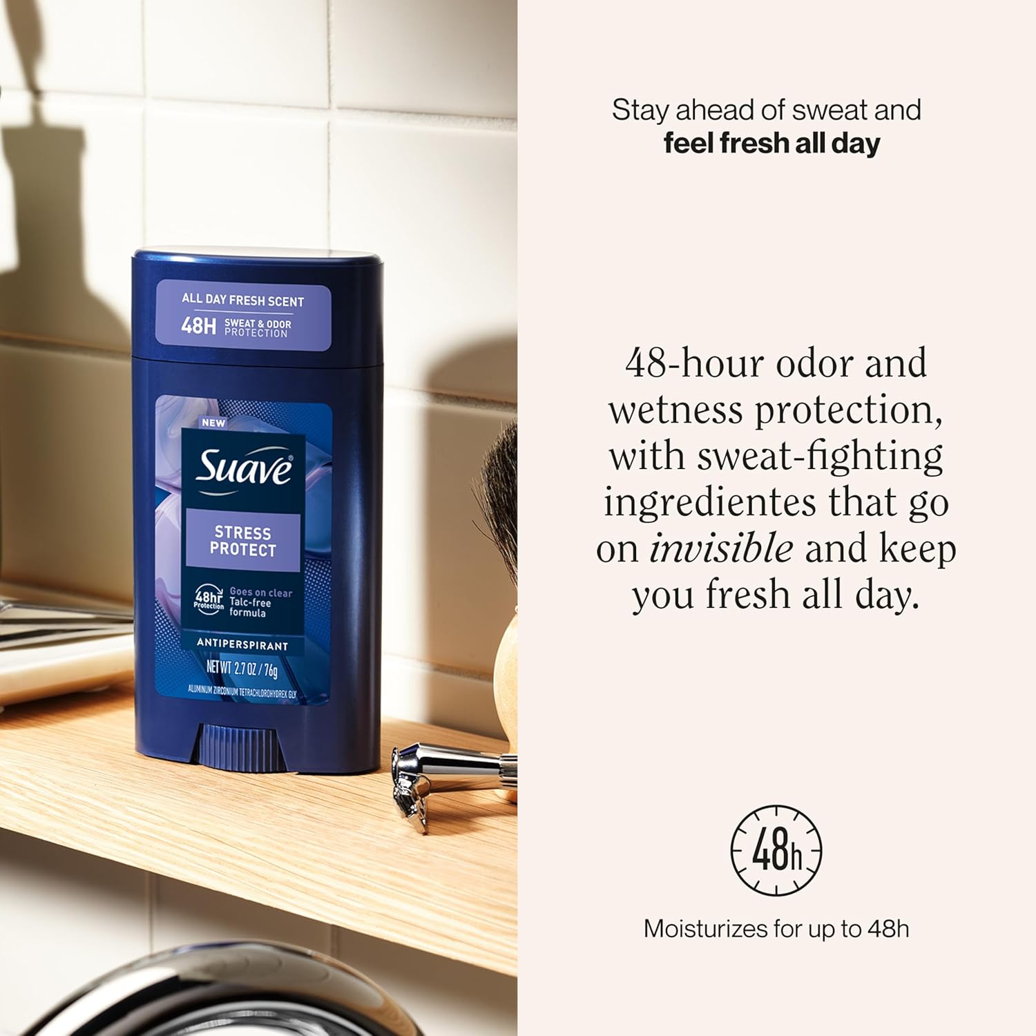 Suave Stress Protect Men’s Antiperspirant Deodorant, All Day Lavender & Cedarwood Scent, for 48hr Odor & Wetness Protection, 2.7oz, 12 Pack - Image 2