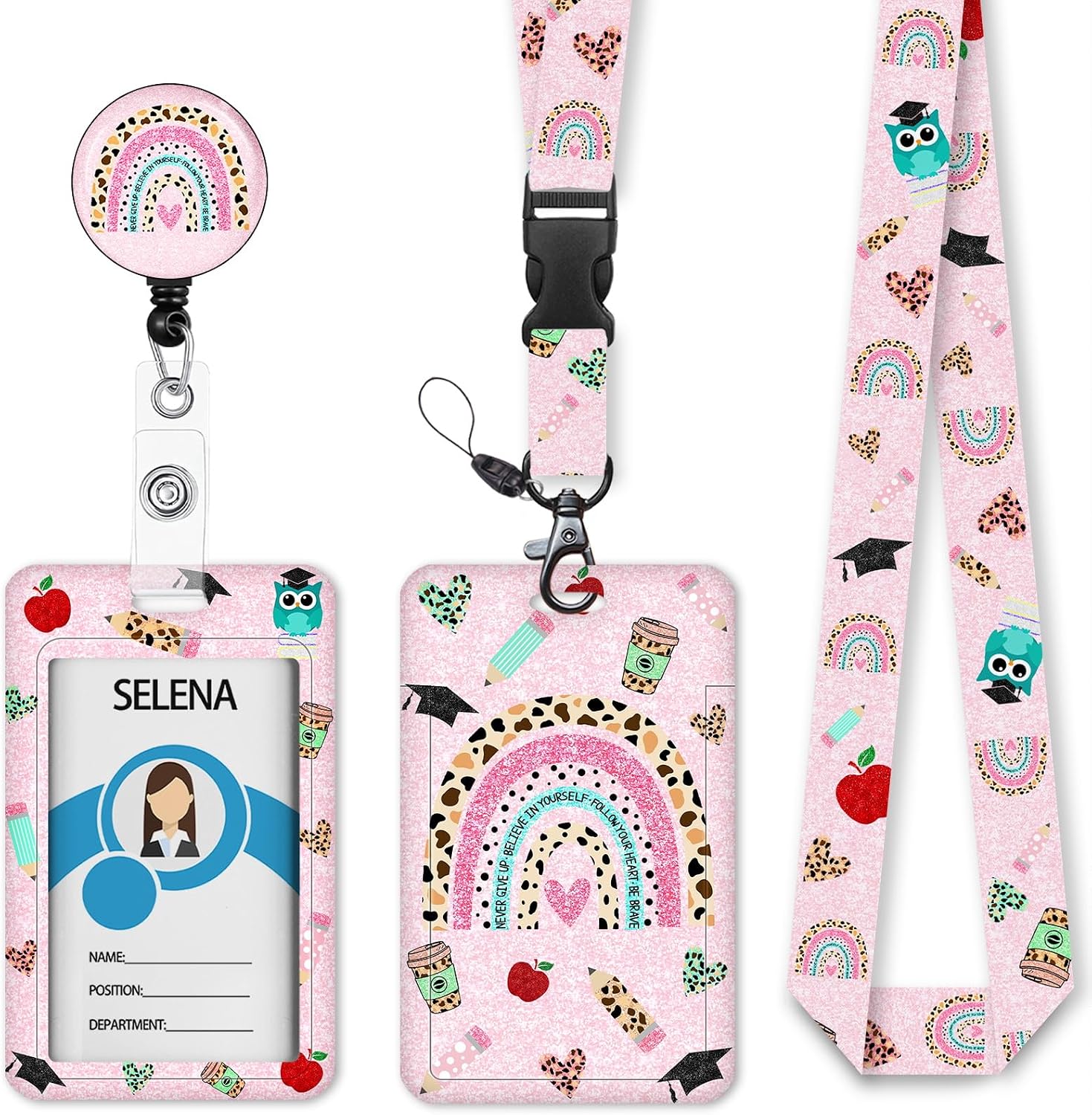 Lanyard, Id Badge Holder，Teacher Retractable Reel, Leopard Print