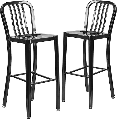 Miniatura 12 de Flash Furniture Gael Taburetes de bar comerciales de metal de 30 pulgadas con reposapiés, taburetes verticales de barra trasera de listones
