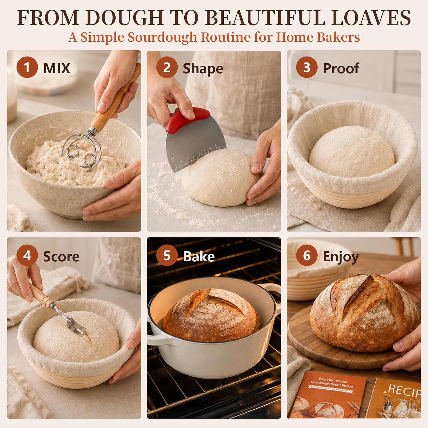 Sourdough Starter Kit for Beginners, 9 Inch Round Banneton Proofing Basket with Liner, Complete Sourdough Bread Baking Supplies with Bread Lame, Danish Dough Whisk and Scrapers
