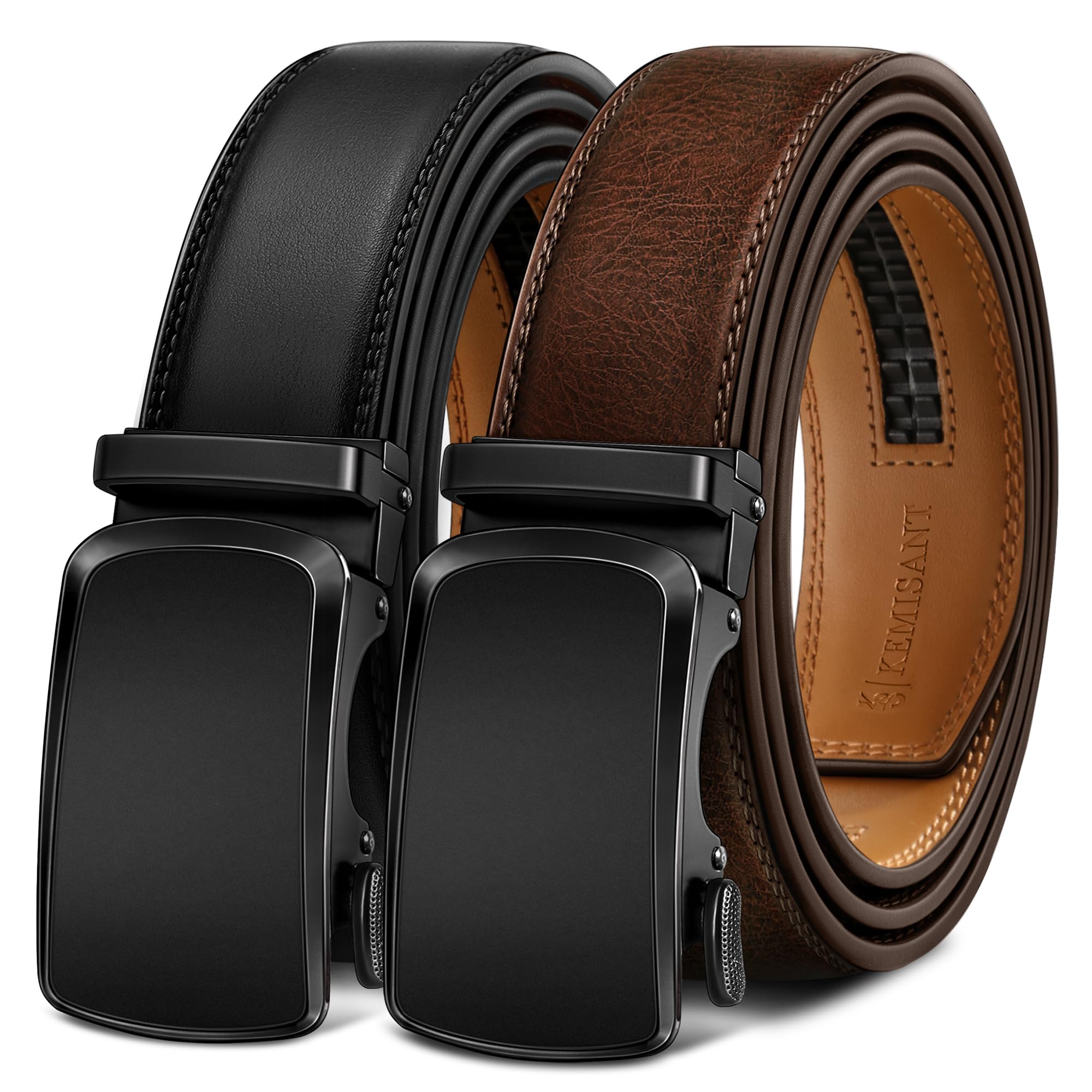 KEMISANT 2-Pack Men's Ratchet Leather Belt Trimmable 1 3/8"-Gift Boxed