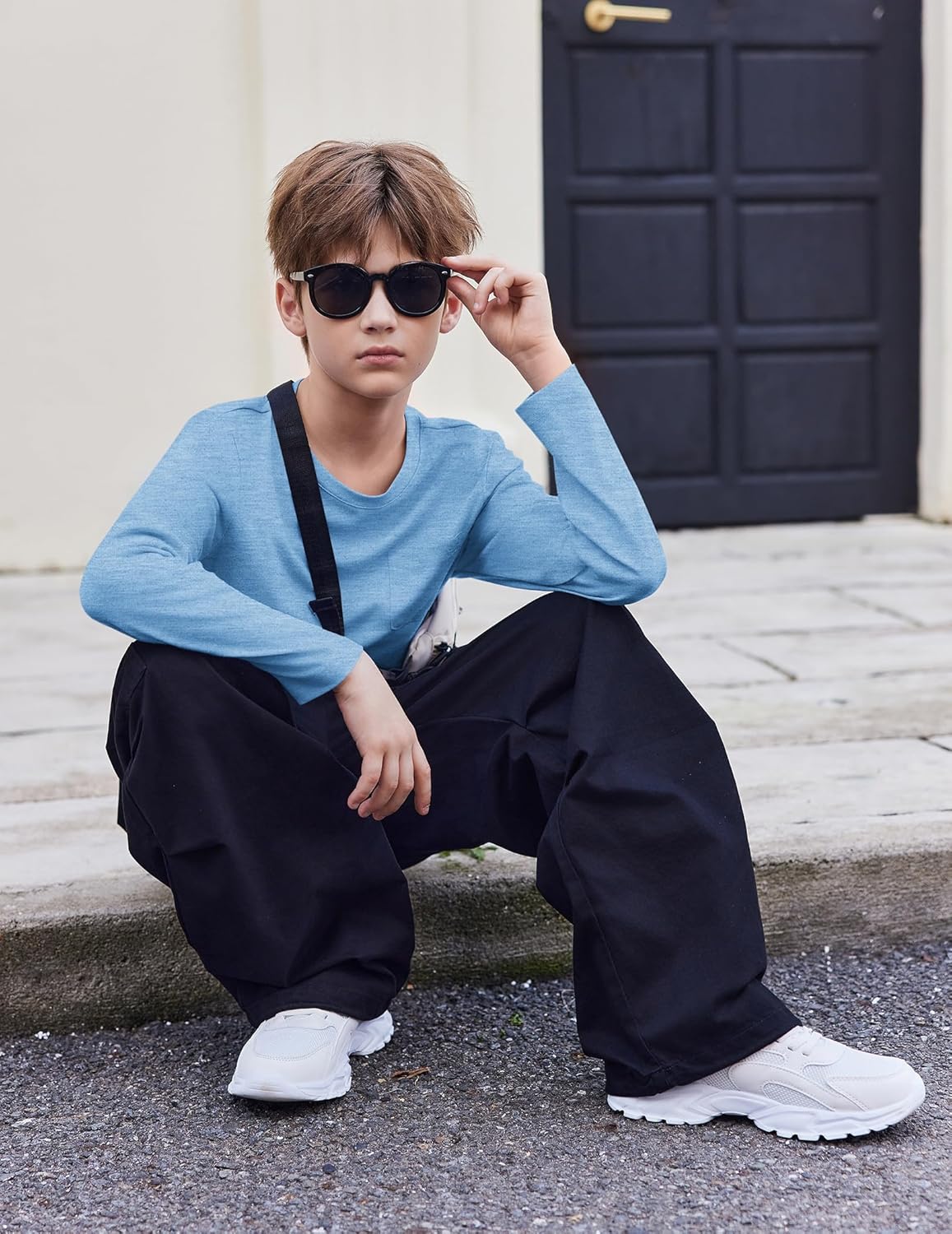 Arshiner Boys Long Sleeve Shirts Casual Crewneck T Shirt Solid Tees Tops with Chest Pocket for Kids 5-12 Years - Image 5