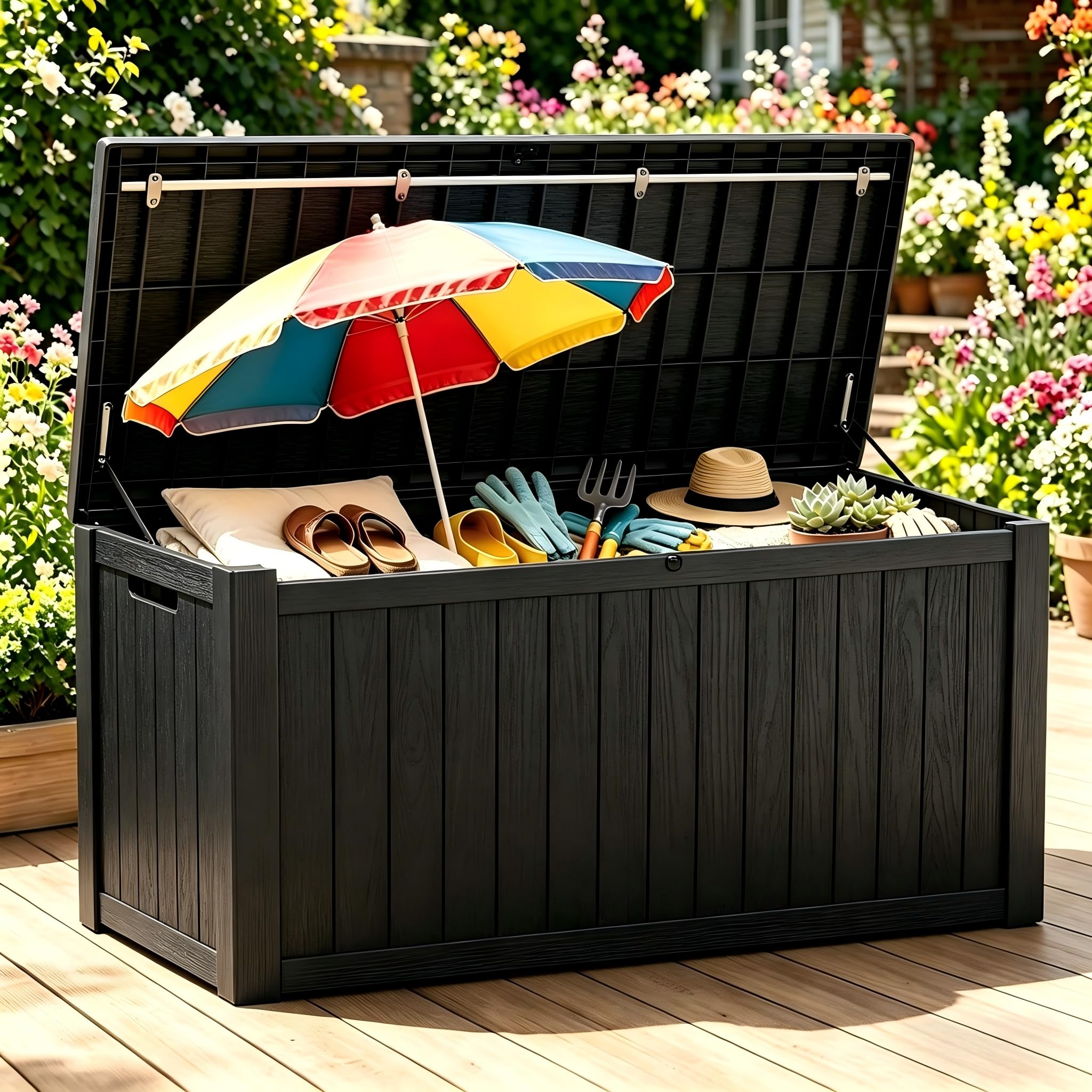 Photo 1 of ***DAMAGED -SELLING AS PARTS ONLY*** 270 Gallon Extra Large Deck Box Outdoor, Resin Storage Box Outdoor Waterproof, Lockable Garden Storage Bench, Holds Patio Furniture, Pool Supplies & Equipment, Hydraulic Rod, UV-Proof, Black